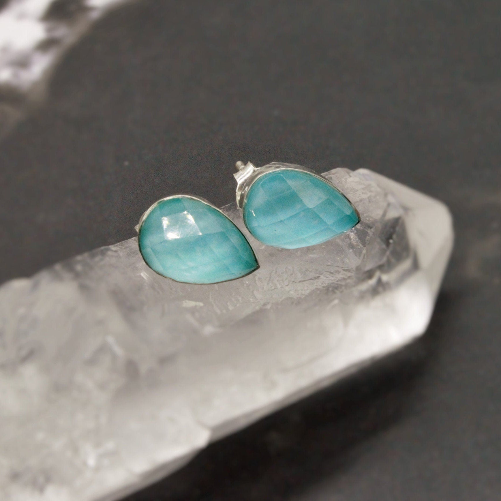 Blue Turquoise Stud Earrings, Sterling Silver Earrings, Dainty Gemstone Boho Earrings, December Birthstone, Birthday Gifts For Her
