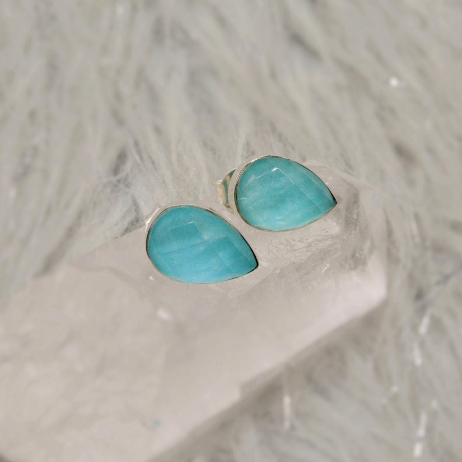 Blue Turquoise Stud Earrings, Sterling Silver Earrings, Dainty Gemstone Boho Earrings, December Birthstone, Birthday Gifts For Her