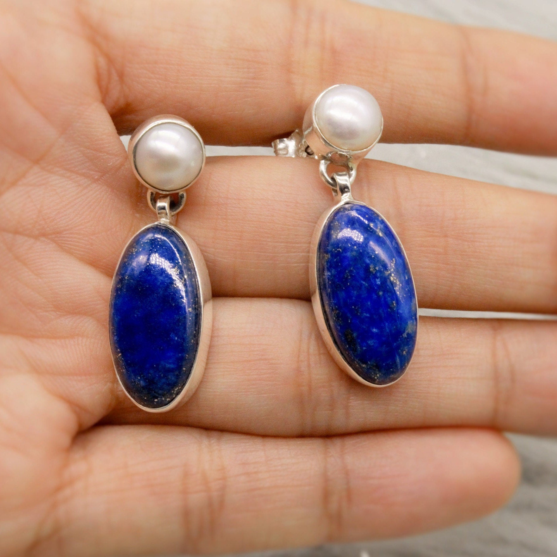 Lapis Lazuli Sterling Silver Earrings, Pearl Earrings, Handmade Blue Earrings, Gifts For Her, Women Gemstone Earrings, Birthday Gift