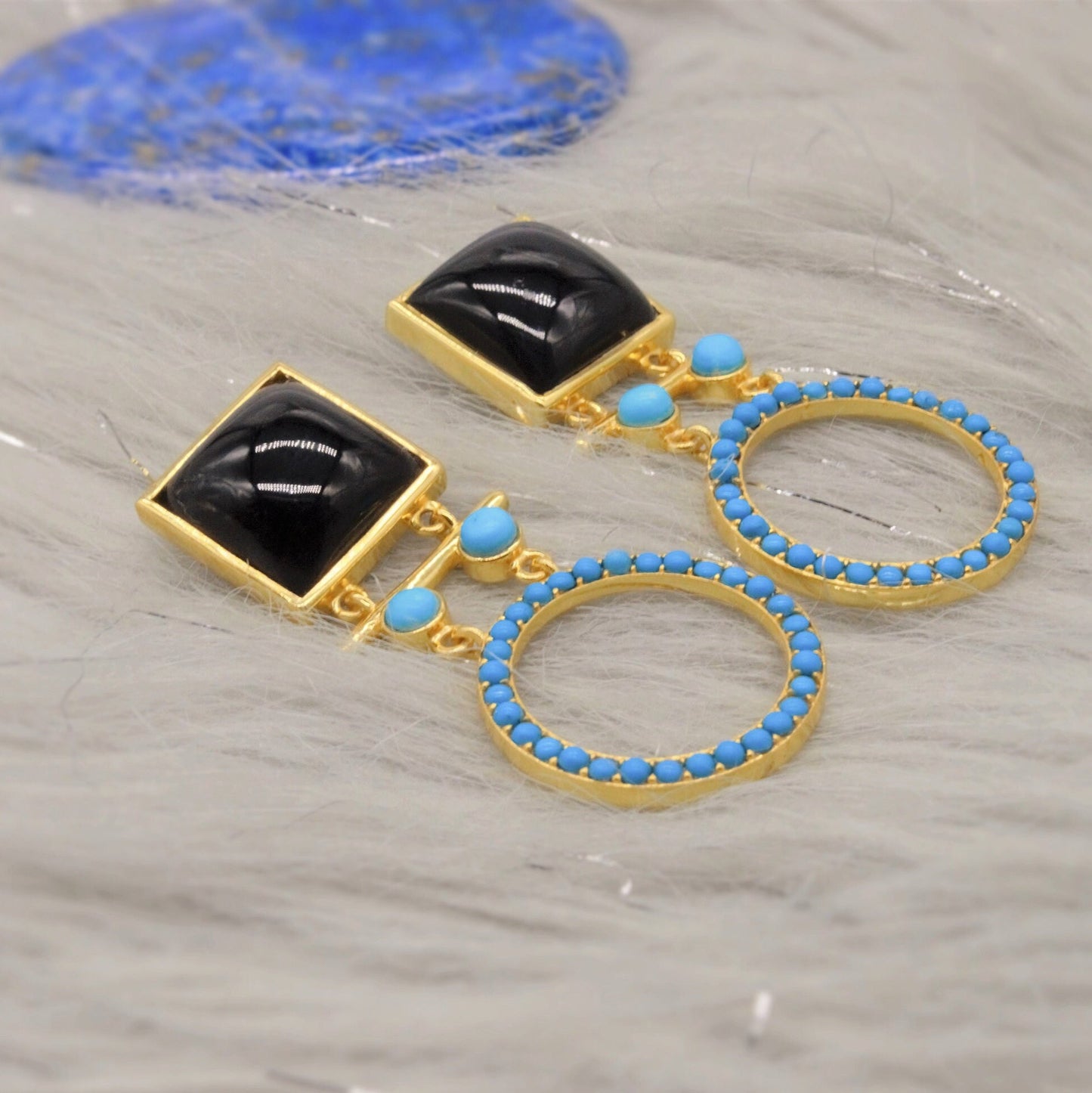 Black Onyx, Turquoise Gold Drop Earrings, December Birthstone Jewelry, Unique Dangle Jhumka Earrings, Birthday Gifts For Her