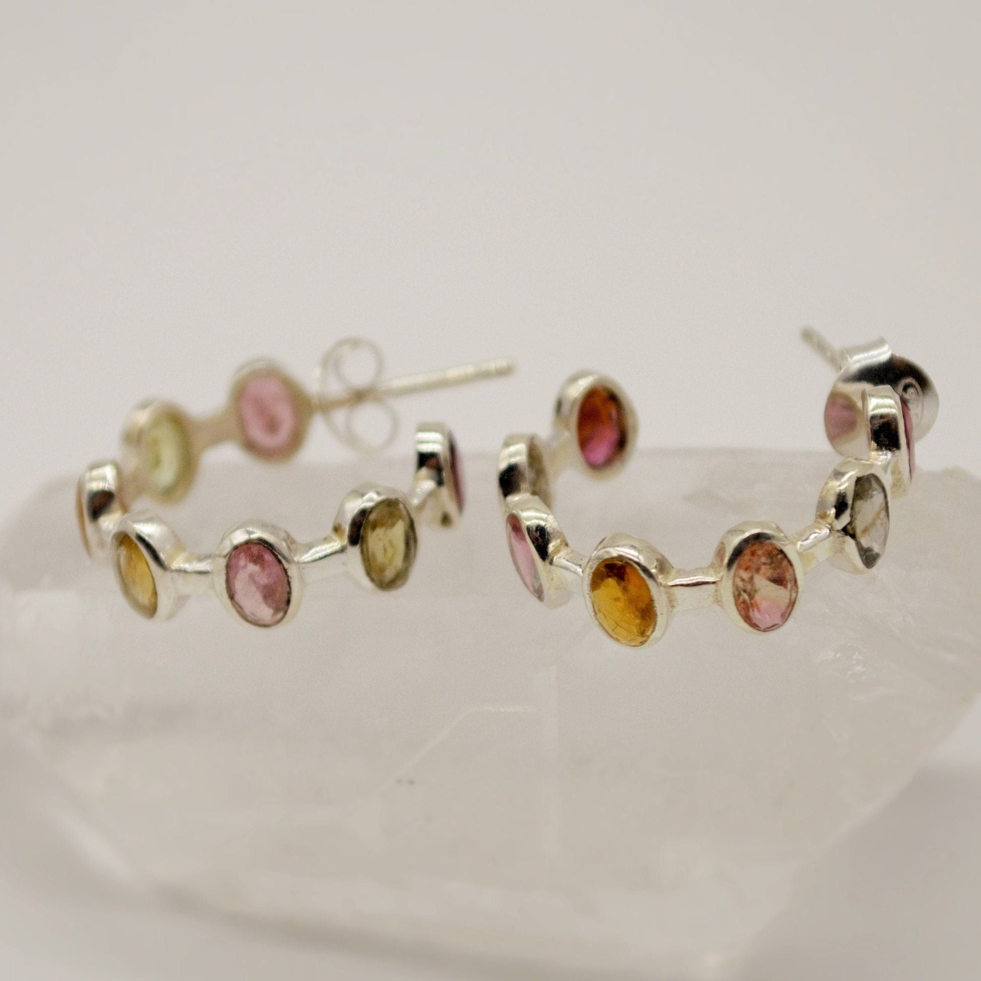 Mixed Tourmaline Sterling Silver Hoop Earrings, Tourmaline Jewelry, October Birthstone Earrings, Minimalist Earrings, Unique Gifts For Her