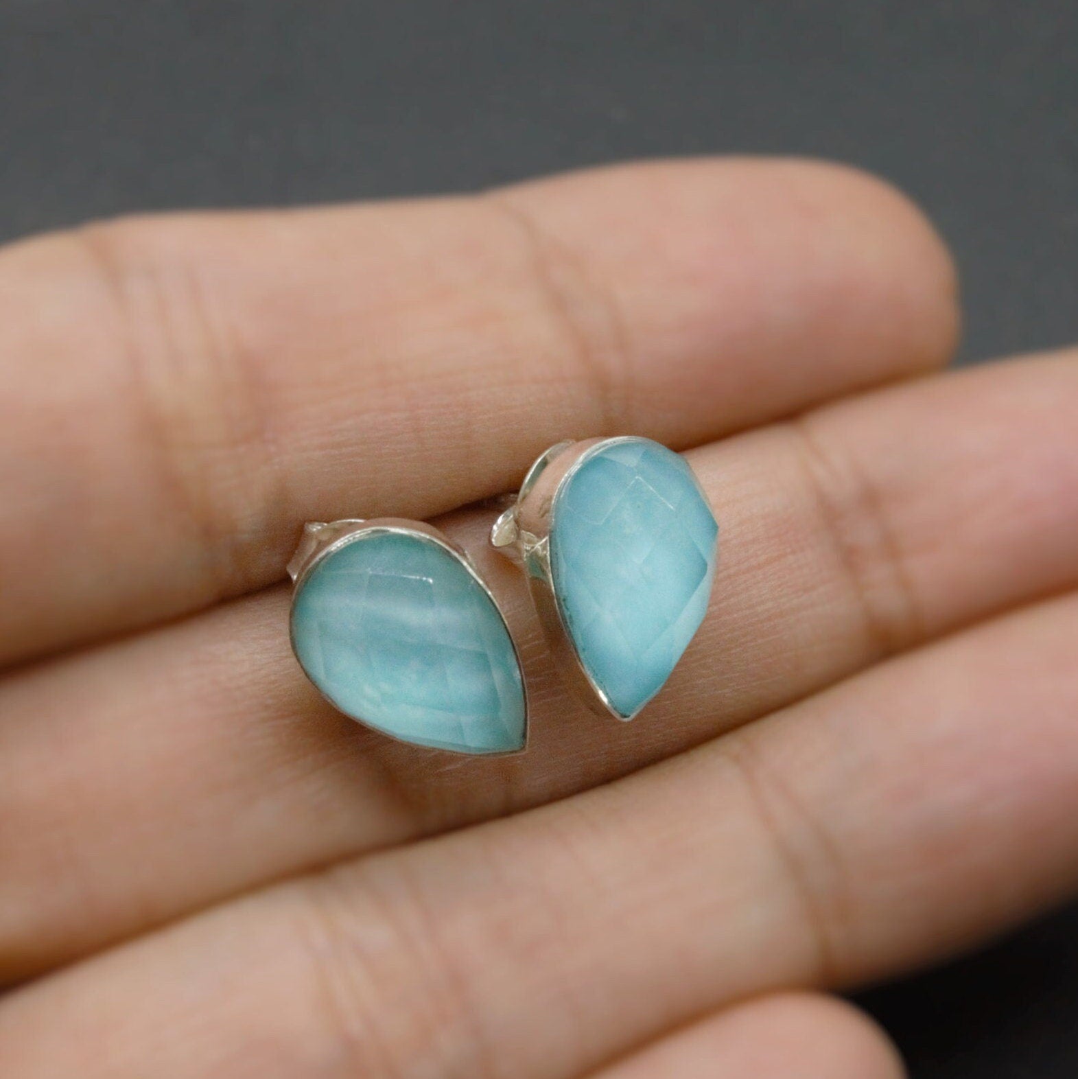 Blue Turquoise Stud Earrings, Sterling Silver Earrings, Dainty Gemstone Boho Earrings, December Birthstone, Birthday Gifts For Her