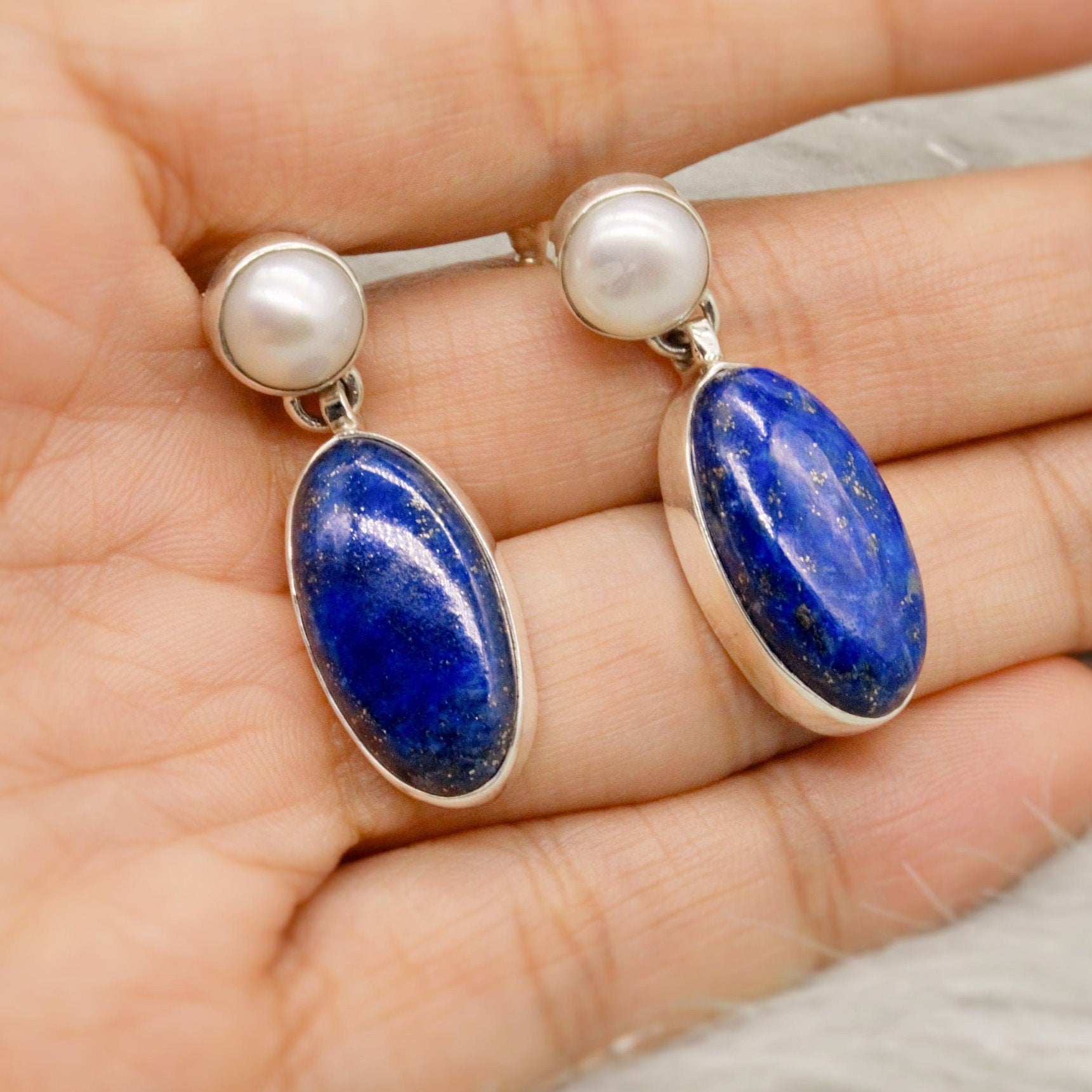 Lapis Lazuli Sterling Silver Earrings, Pearl Earrings, Handmade Blue Earrings, Gifts For Her, Women Gemstone Earrings, Birthday Gift