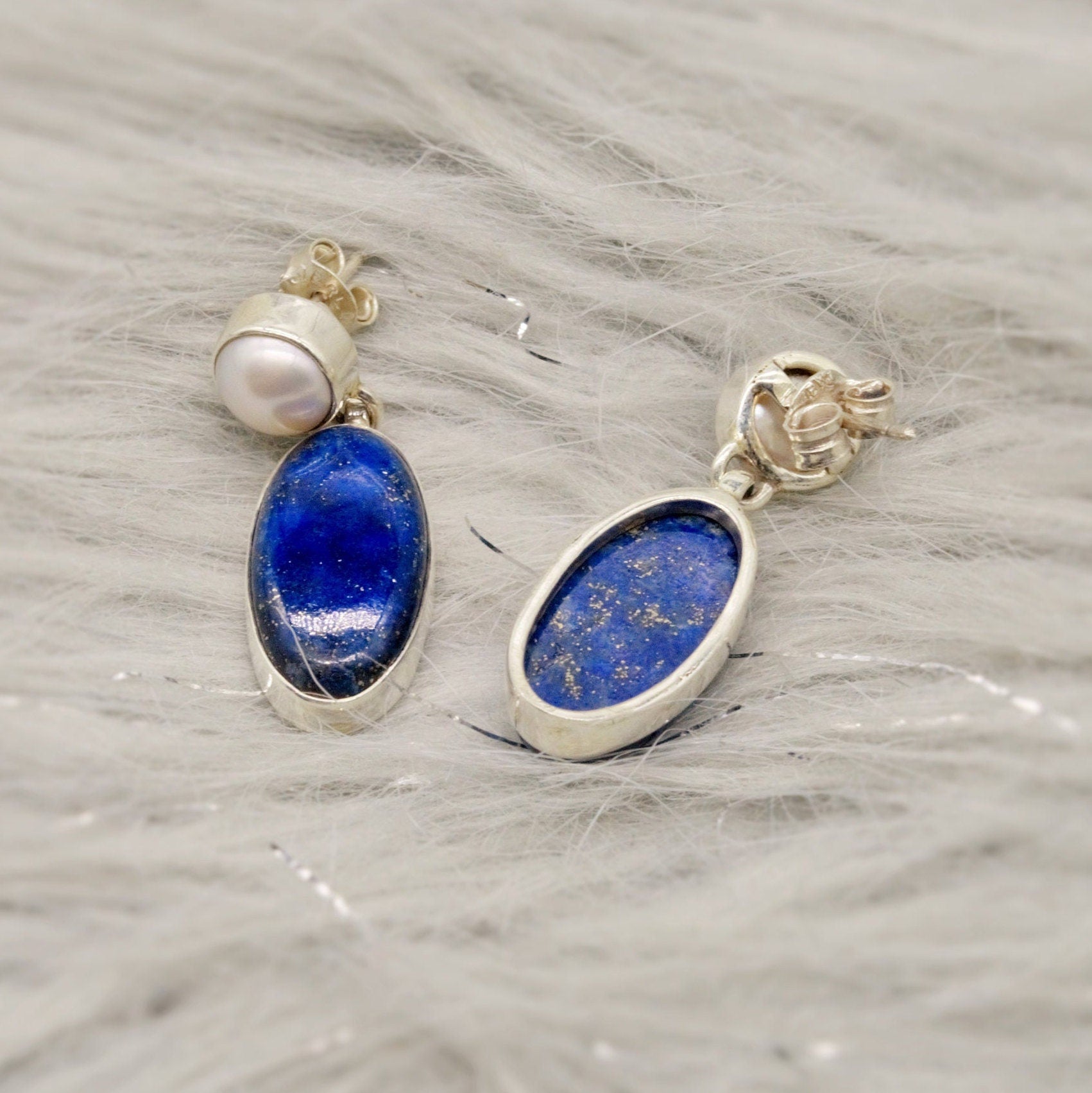 Lapis Lazuli Sterling Silver Earrings, Pearl Earrings, Handmade Blue Earrings, Gifts For Her, Women Gemstone Earrings, Birthday Gift