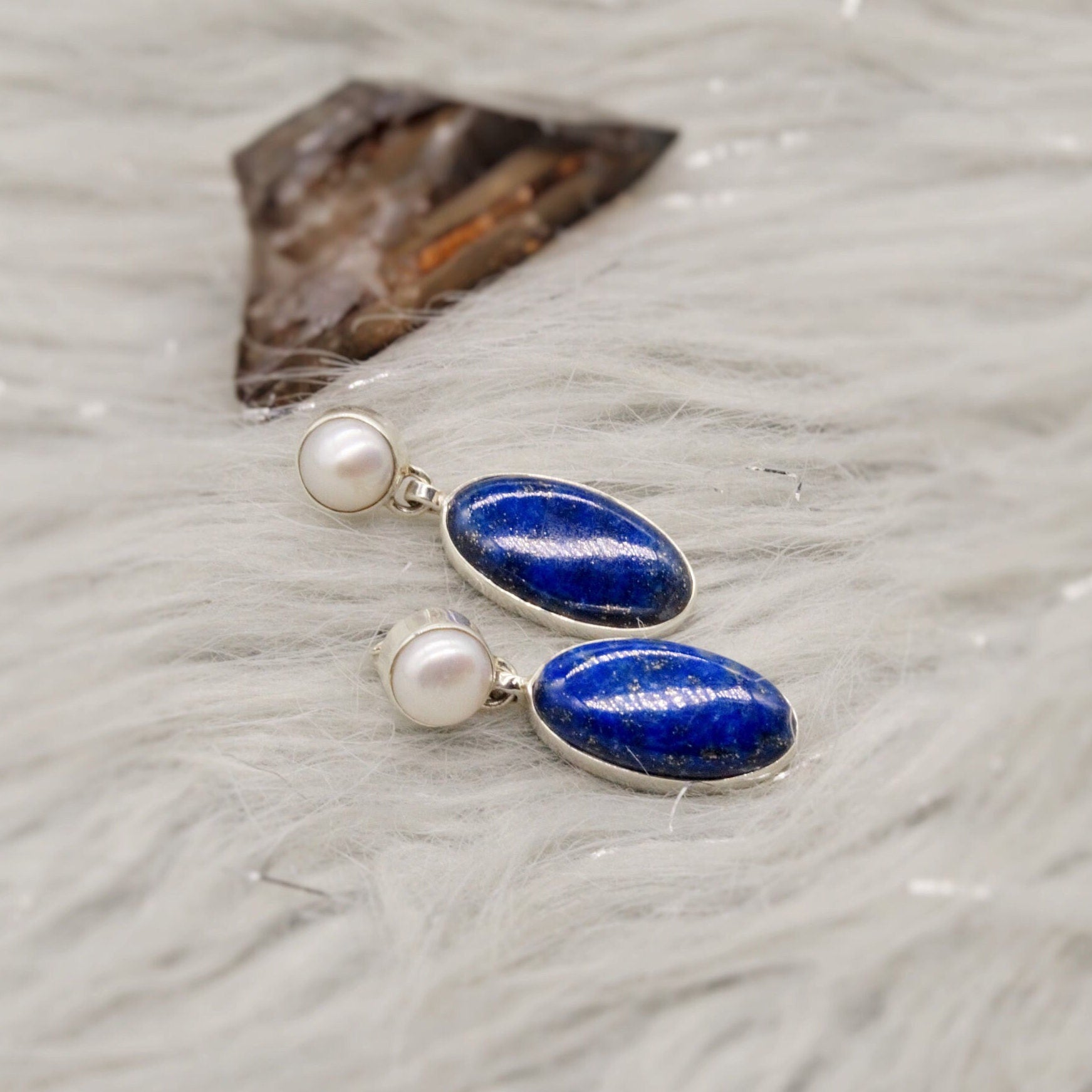 Lapis Lazuli Sterling Silver Earrings, Pearl Earrings, Handmade Blue Earrings, Gifts For Her, Women Gemstone Earrings, Birthday Gift