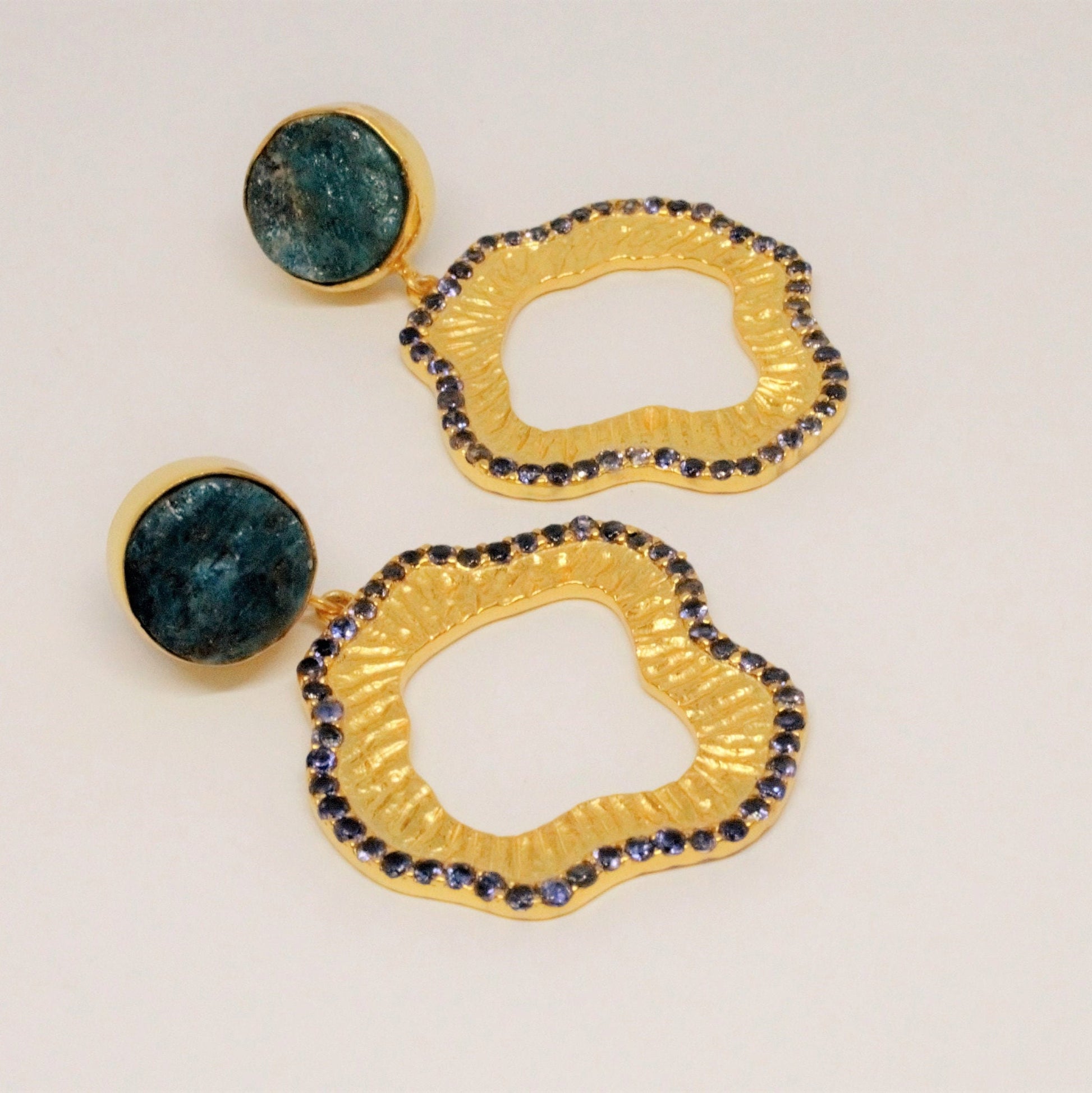 Blue Apatite, Iolite Gold Earrings, Gold Plated 925 Silver Earrings, Unique Statement Earrings, Gift For Her, Indian Jewelry