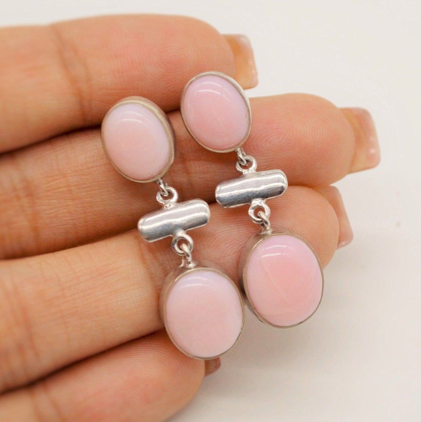 Pink Opal Earrings: Silver, October Birthstone, Unique Oval Gemstone Drop Earrings