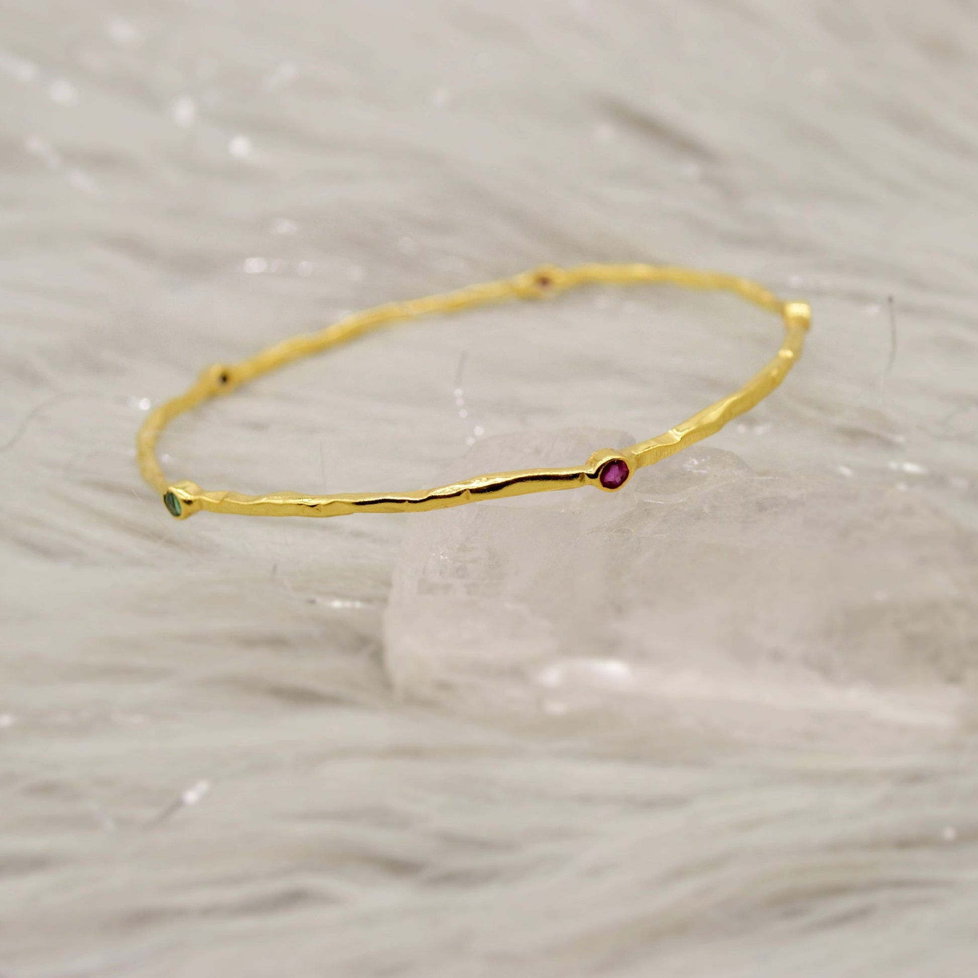 Ruby, Emerald, Sapphire, Gold Bangle Bracelet, Gold Plated Sterling Silver, Dainty Gemstone Bracelet For Women, Birthday Gift For Her