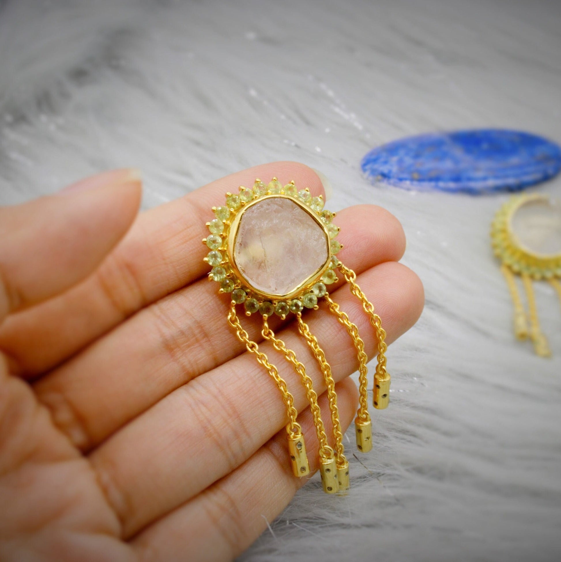 Peridot Clear Quartz Gold Earrings, Clear Quartz Crystal, August Birthstone, Unique Statement Dangle Drop Earrings, Gift For Her