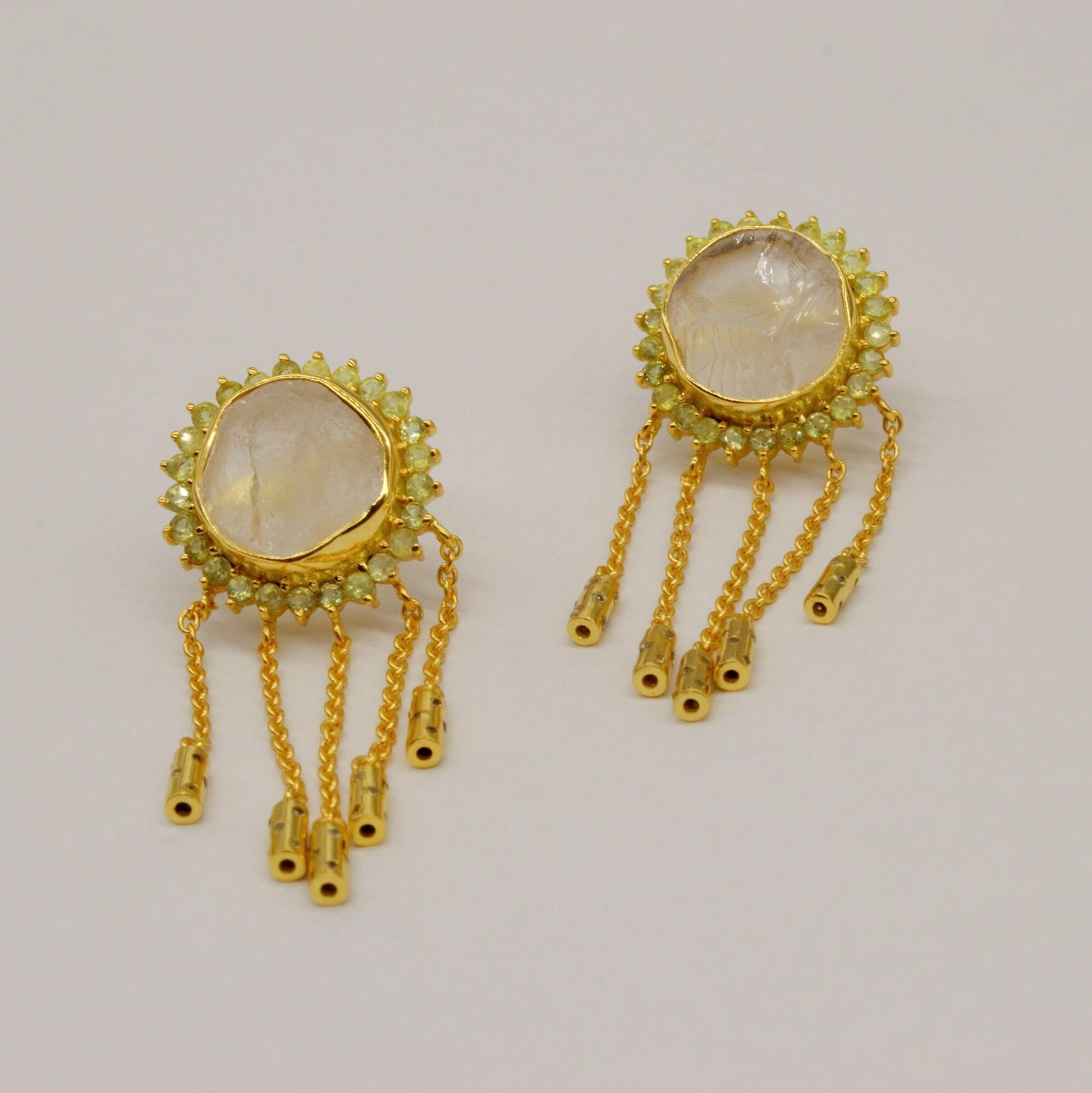 Peridot Clear Quartz Gold Earrings, Clear Quartz Crystal, August Birthstone, Unique Statement Dangle Drop Earrings, Gift For Her