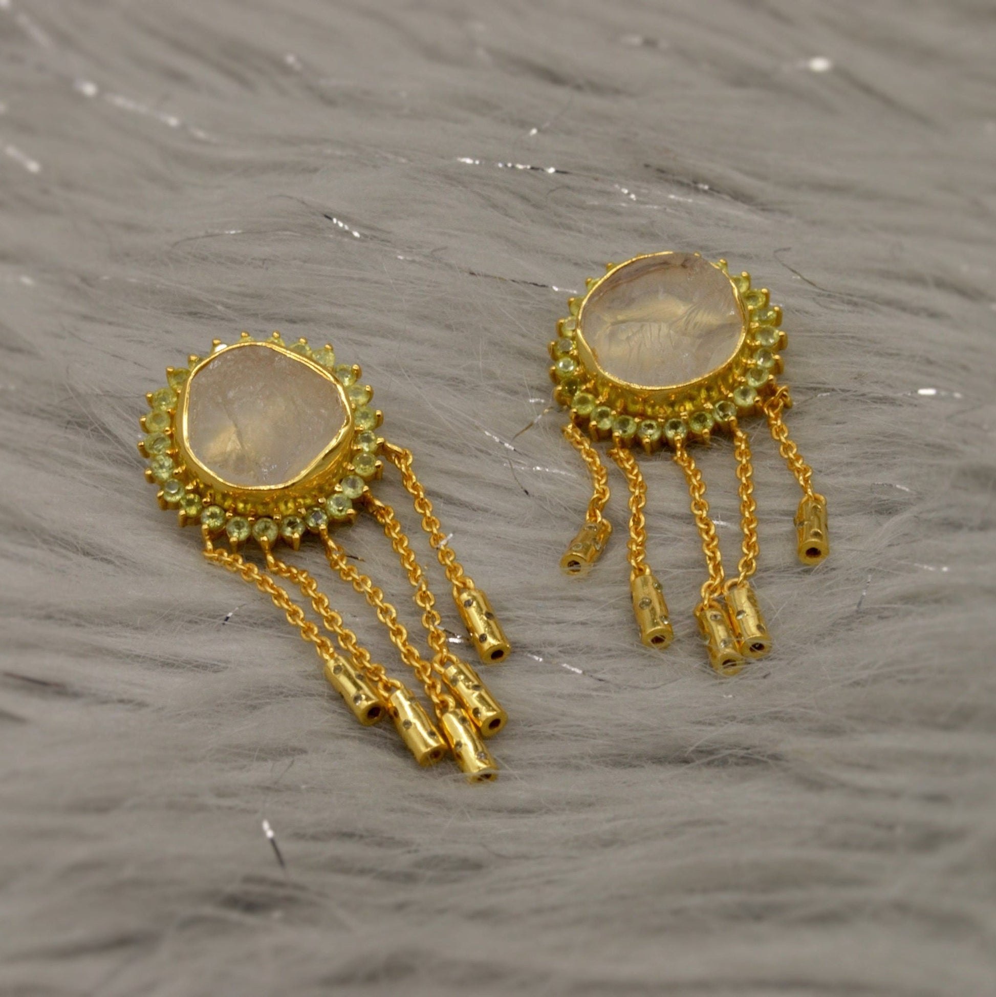 Peridot Clear Quartz Gold Earrings, Clear Quartz Crystal, August Birthstone, Unique Statement Dangle Drop Earrings, Gift For Her