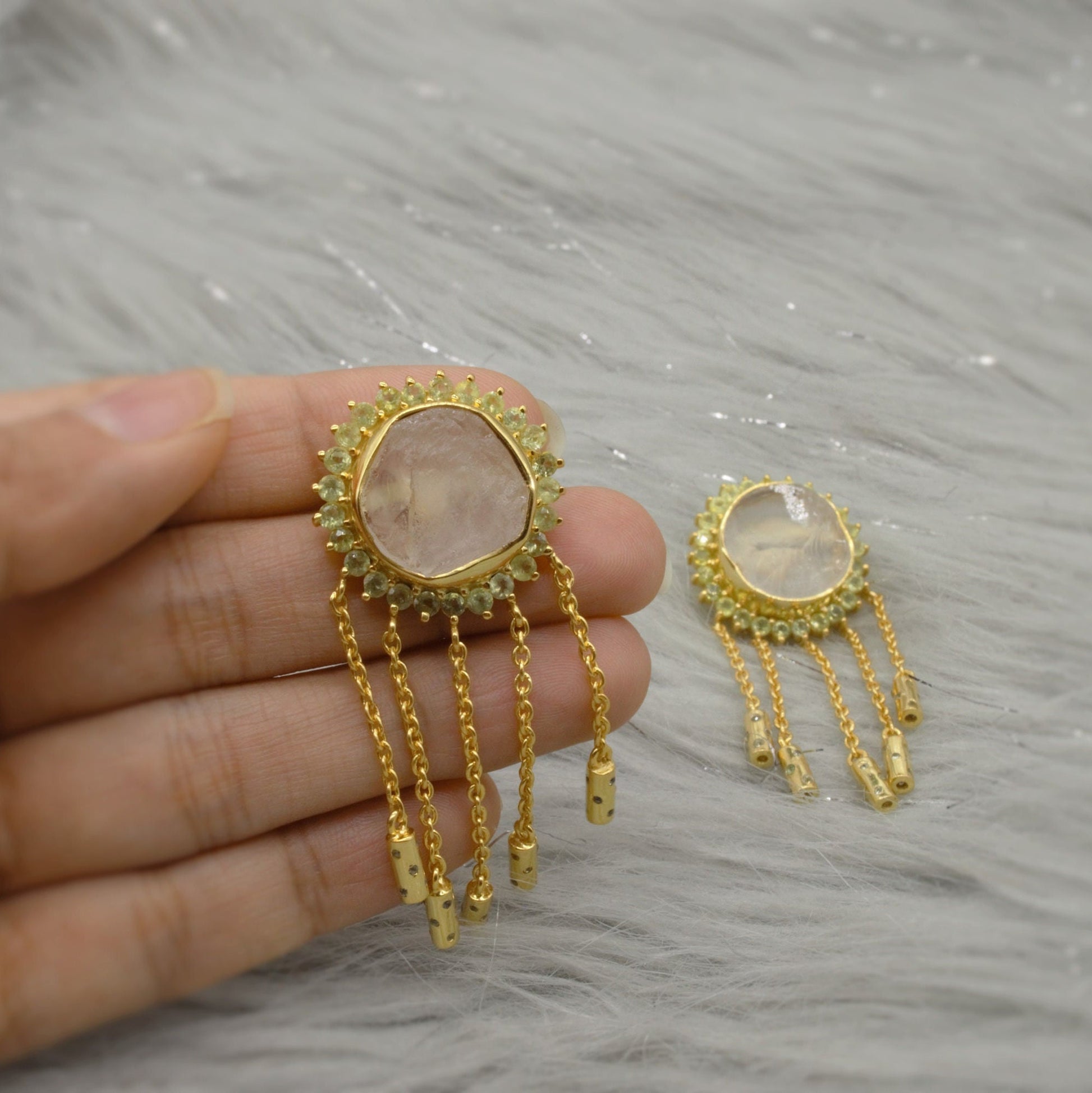 Peridot Clear Quartz Gold Earrings, Clear Quartz Crystal, August Birthstone, Unique Statement Dangle Drop Earrings, Gift For Her