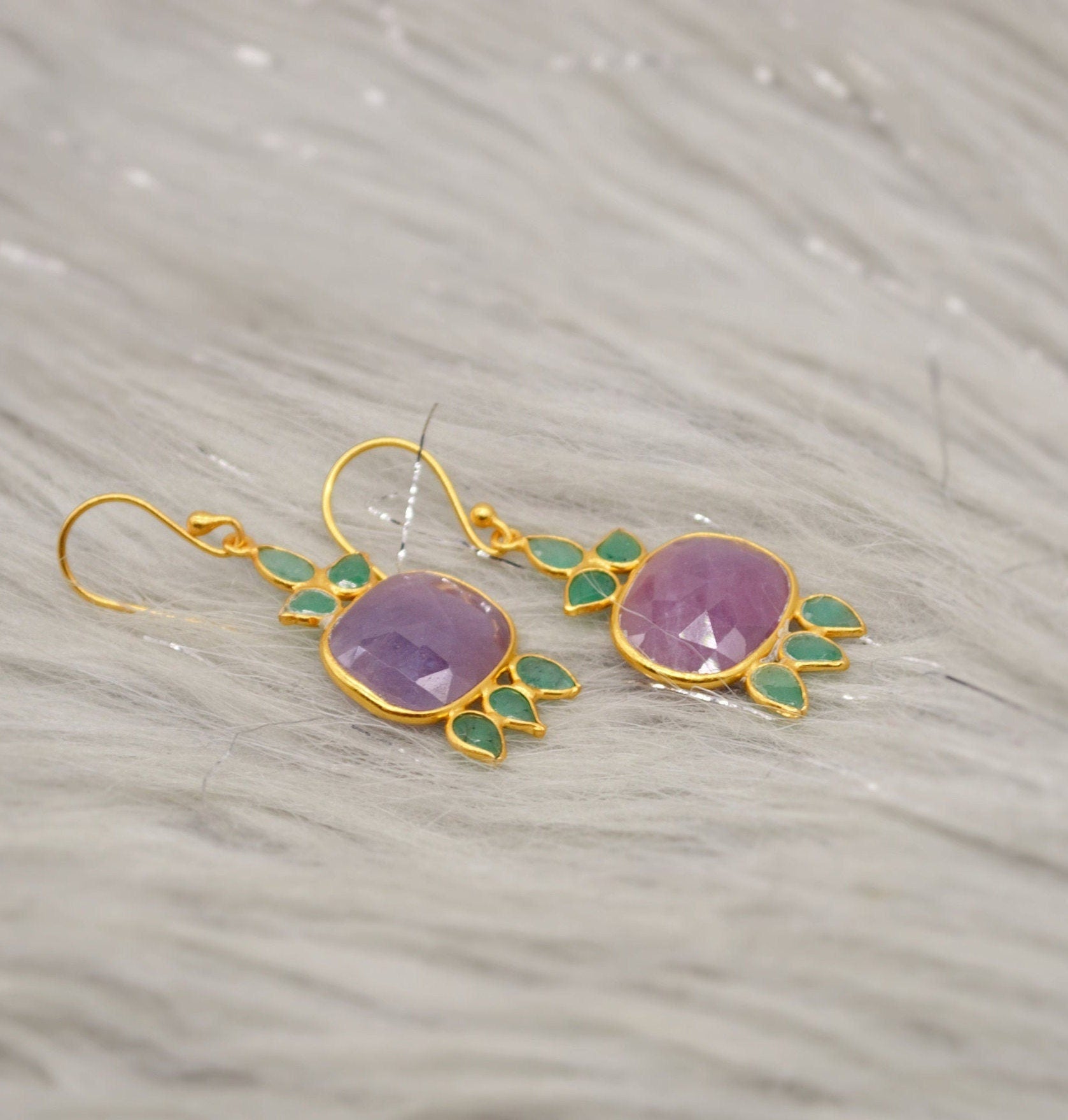 Sapphire and Emerald Earrings, Blue, Yellow, Purple Sapphire Earrings, Sapphire Jewelry, Birthday Gifts For Her, May, September Birthstone