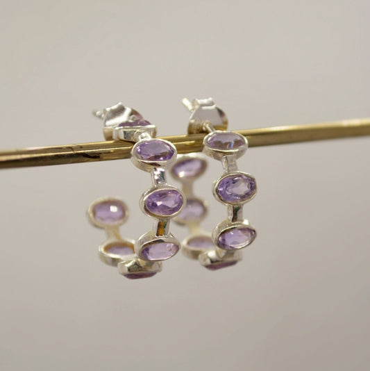 Amethyst Sterling Silver Hoop Earrings, Amethyst Jewelry, February Birthstone Earrings, Minimalist Purple Earrings, Unique Gifts For Her