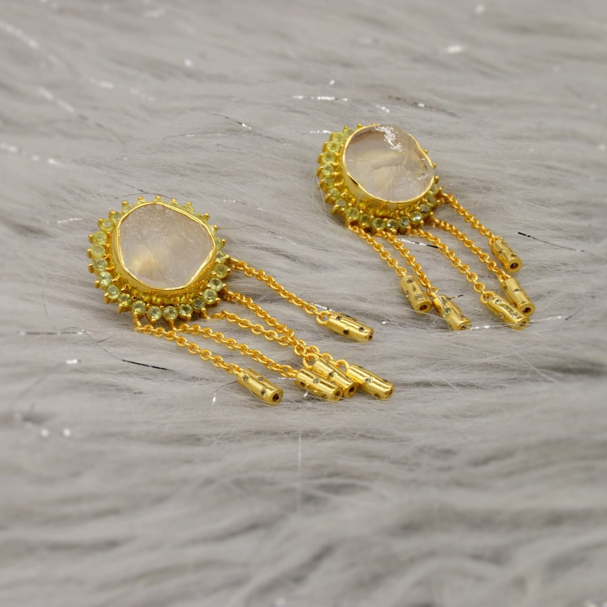 Peridot Clear Quartz Gold Earrings, Clear Quartz Crystal, August Birthstone, Unique Statement Dangle Drop Earrings, Gift For Her