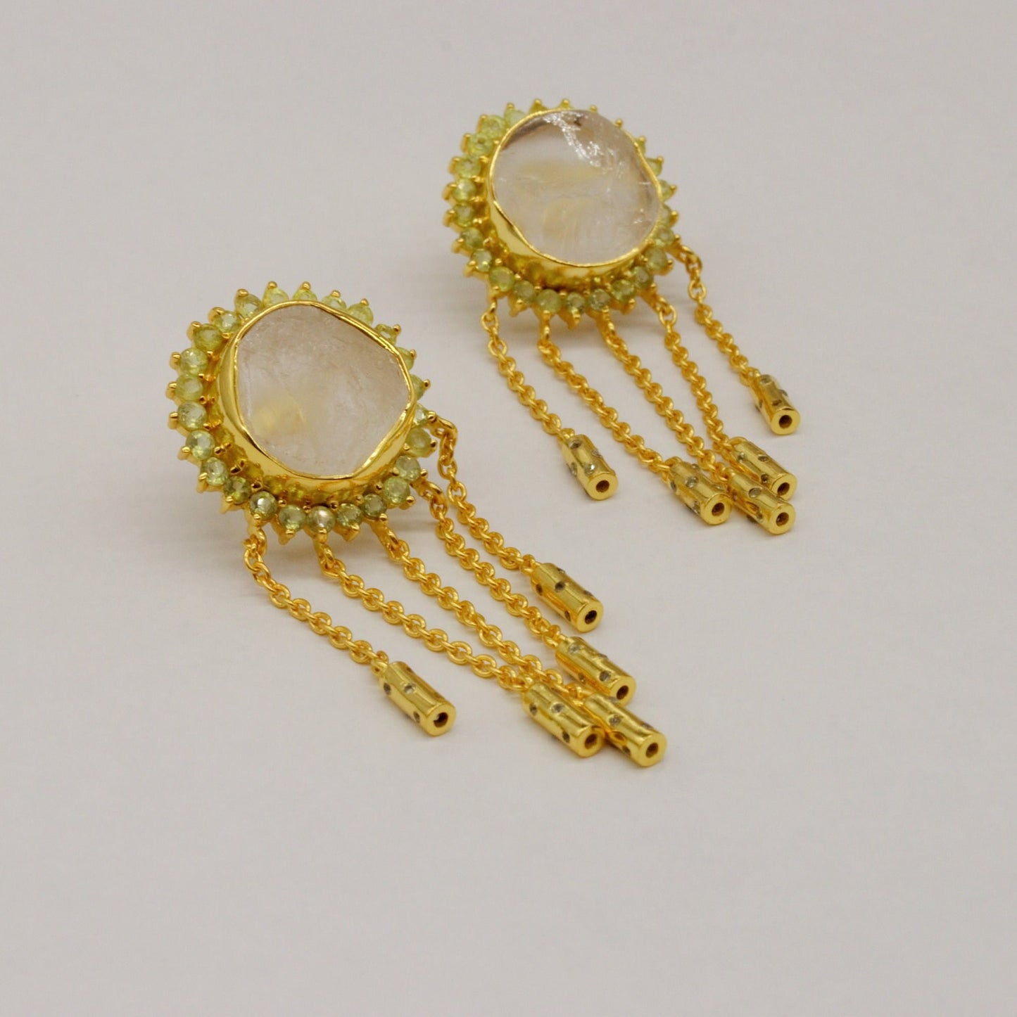 Peridot Clear Quartz Gold Earrings, Clear Quartz Crystal, August Birthstone, Unique Statement Dangle Drop Earrings, Gift For Her