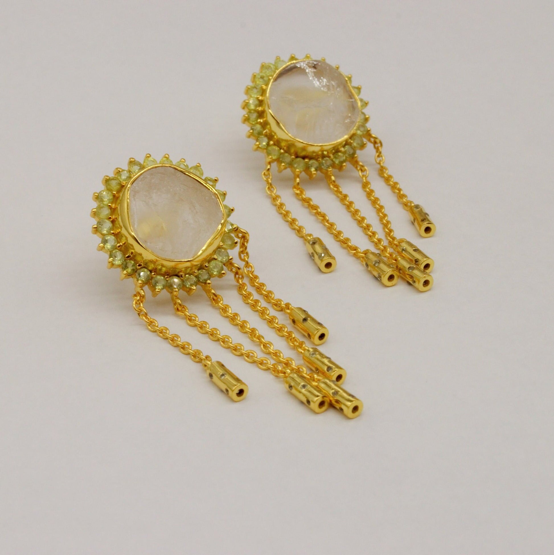 Peridot Clear Quartz Gold Earrings, Clear Quartz Crystal, August Birthstone, Unique Statement Dangle Drop Earrings, Gift For Her