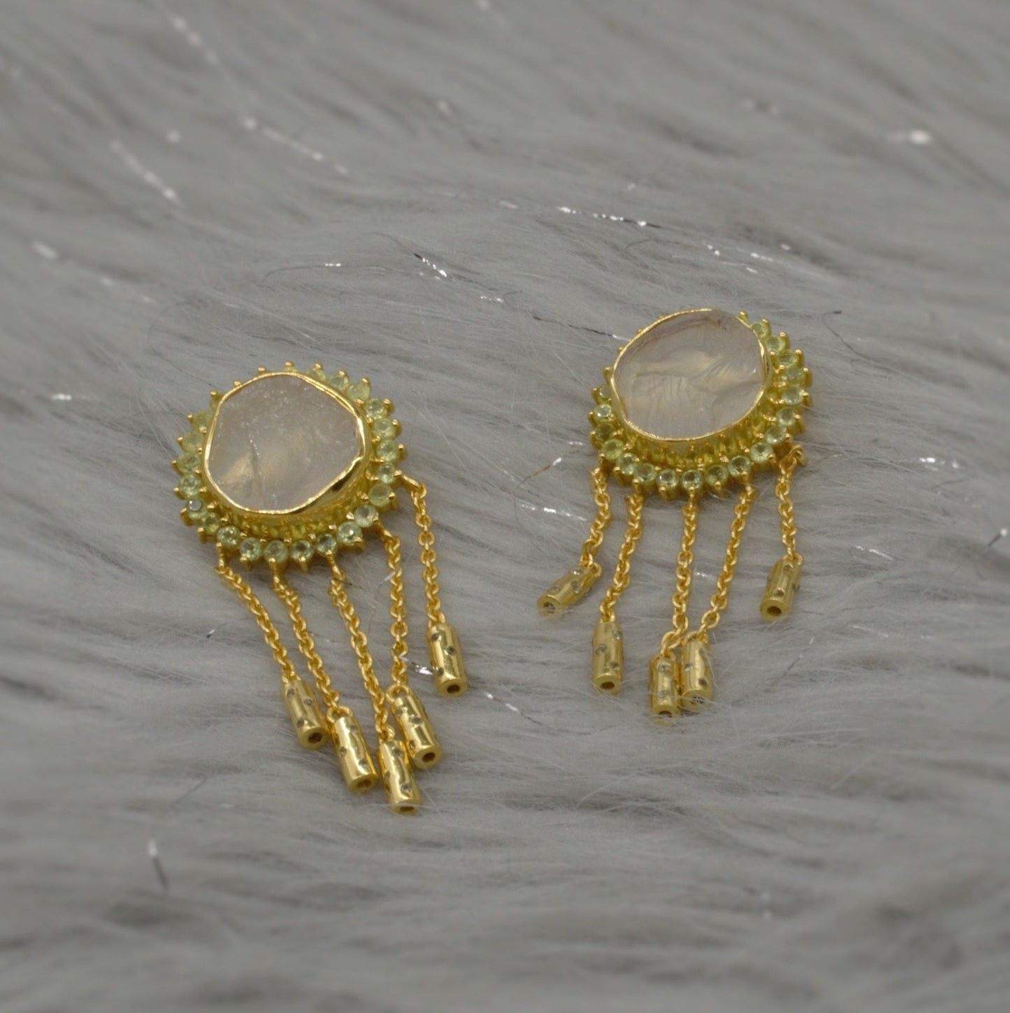 Peridot Clear Quartz Gold Earrings, Clear Quartz Crystal, August Birthstone, Unique Statement Dangle Drop Earrings, Gift For Her