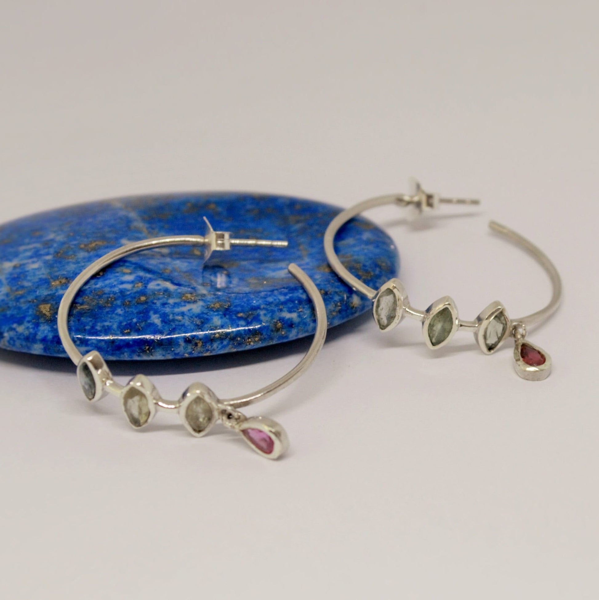 Pink, Green Tourmaline Hoop Earrings: Silver, Huggies, October Birthstone