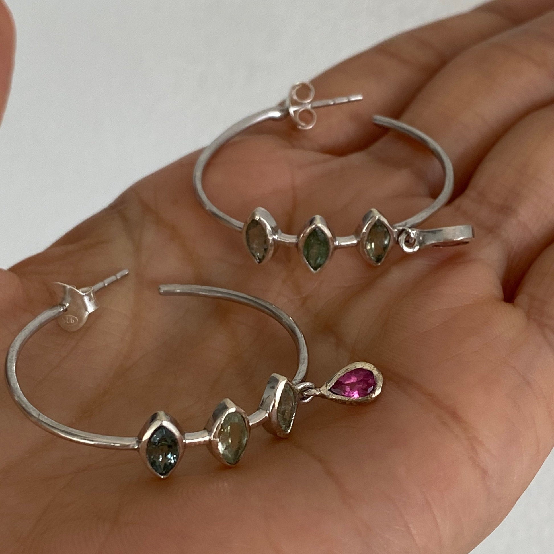Pink, Green Tourmaline Hoop Earrings: Silver, Huggies, October Birthstone