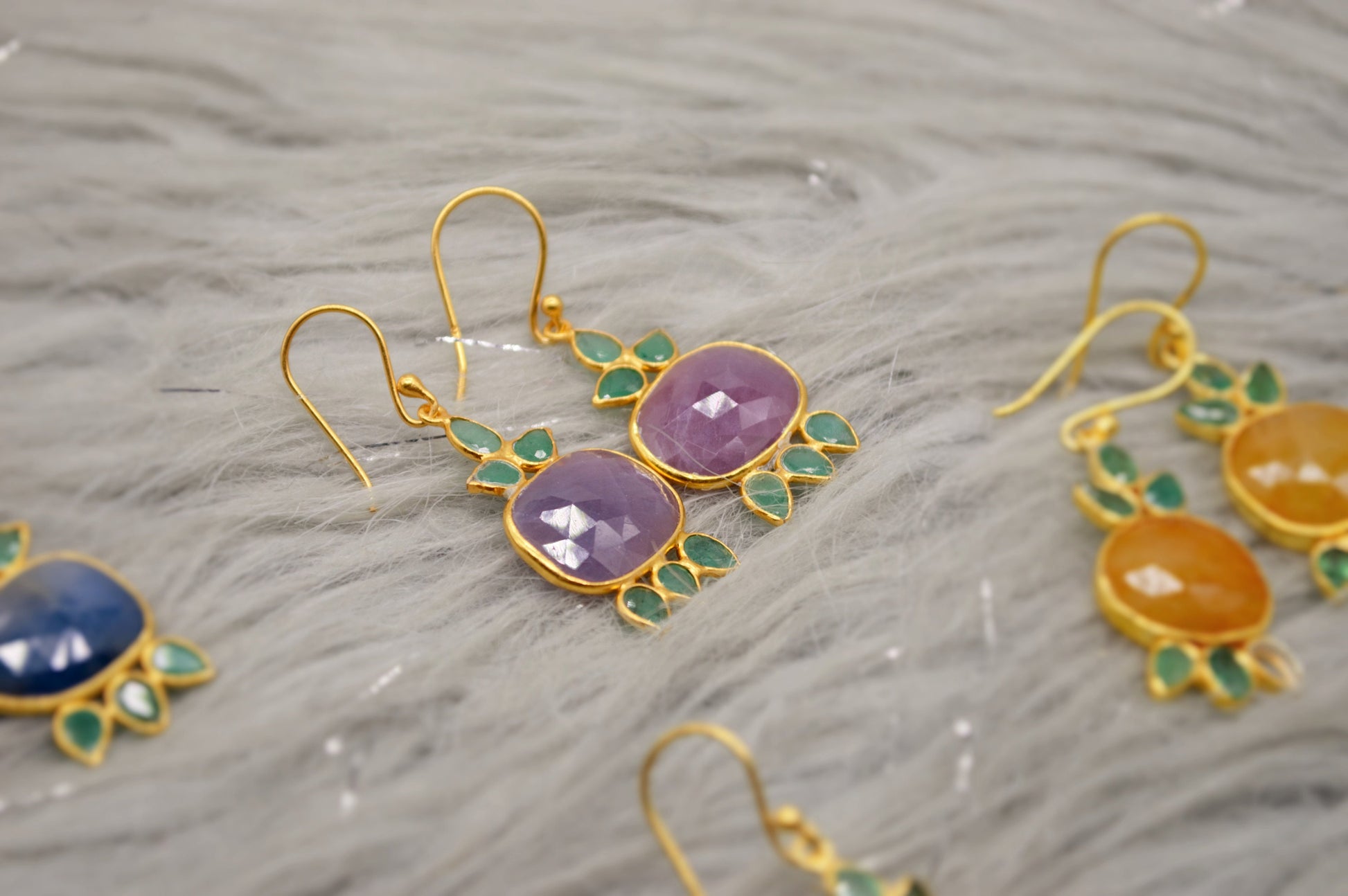 Sapphire and Emerald Earrings, Blue, Yellow, Purple Sapphire Earrings, Sapphire Jewelry, Birthday Gifts For Her, May, September Birthstone