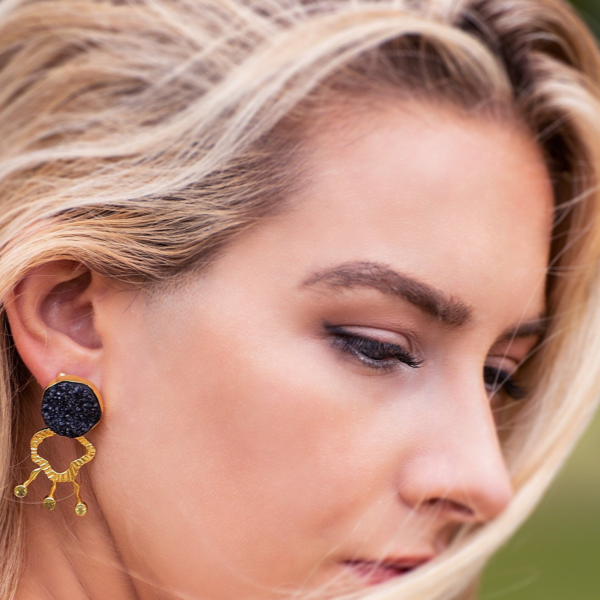 Raw Peridot, Black Onyx Silver Earrings, August Birthstone, Sterling Silver, Peridot Jewelry, Unique Statement Earrings, Gift For Her