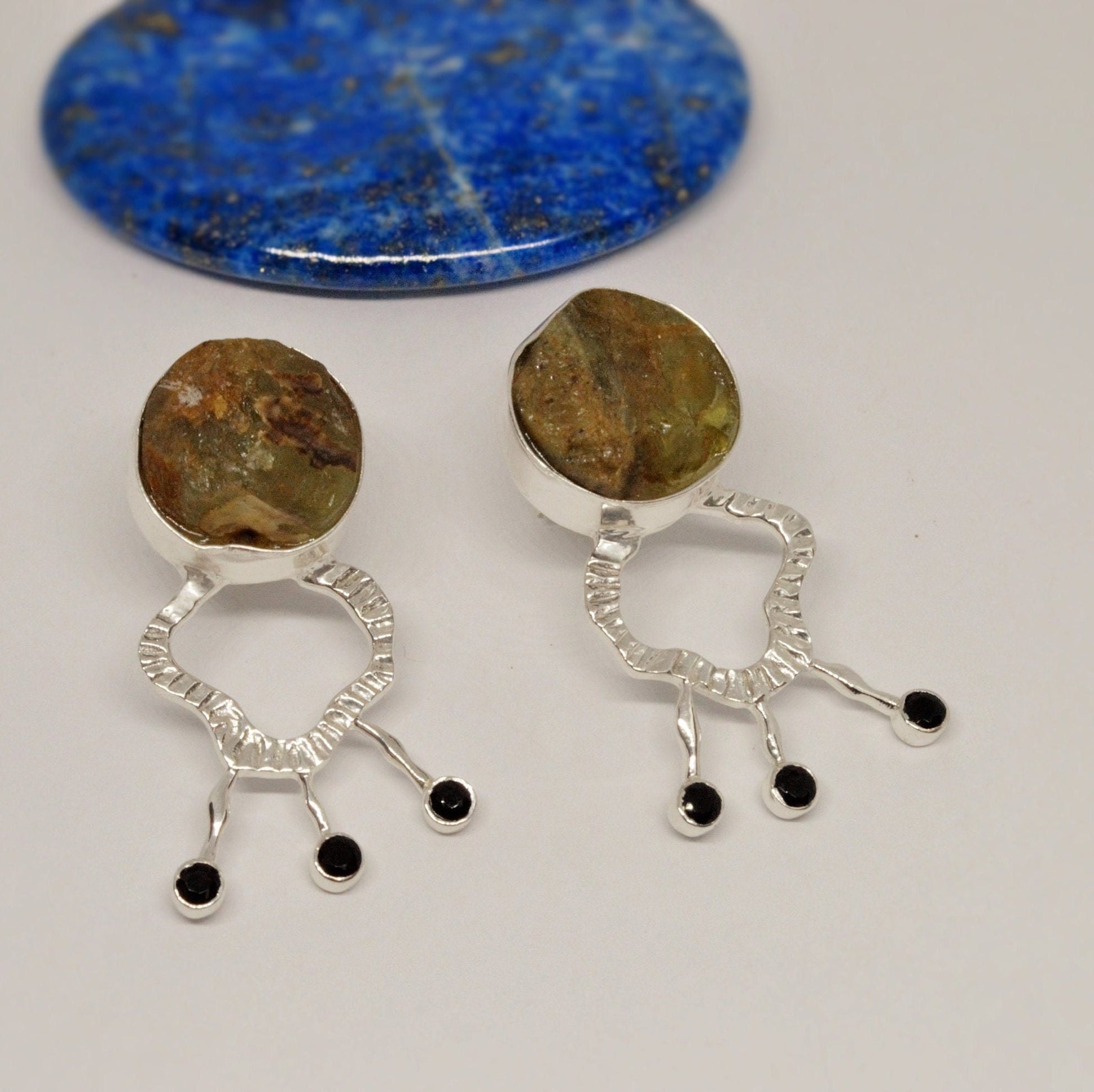 Raw Peridot, Black Onyx Silver Earrings, August Birthstone, Sterling Silver, Peridot Jewelry, Unique Statement Earrings, Gift For Her