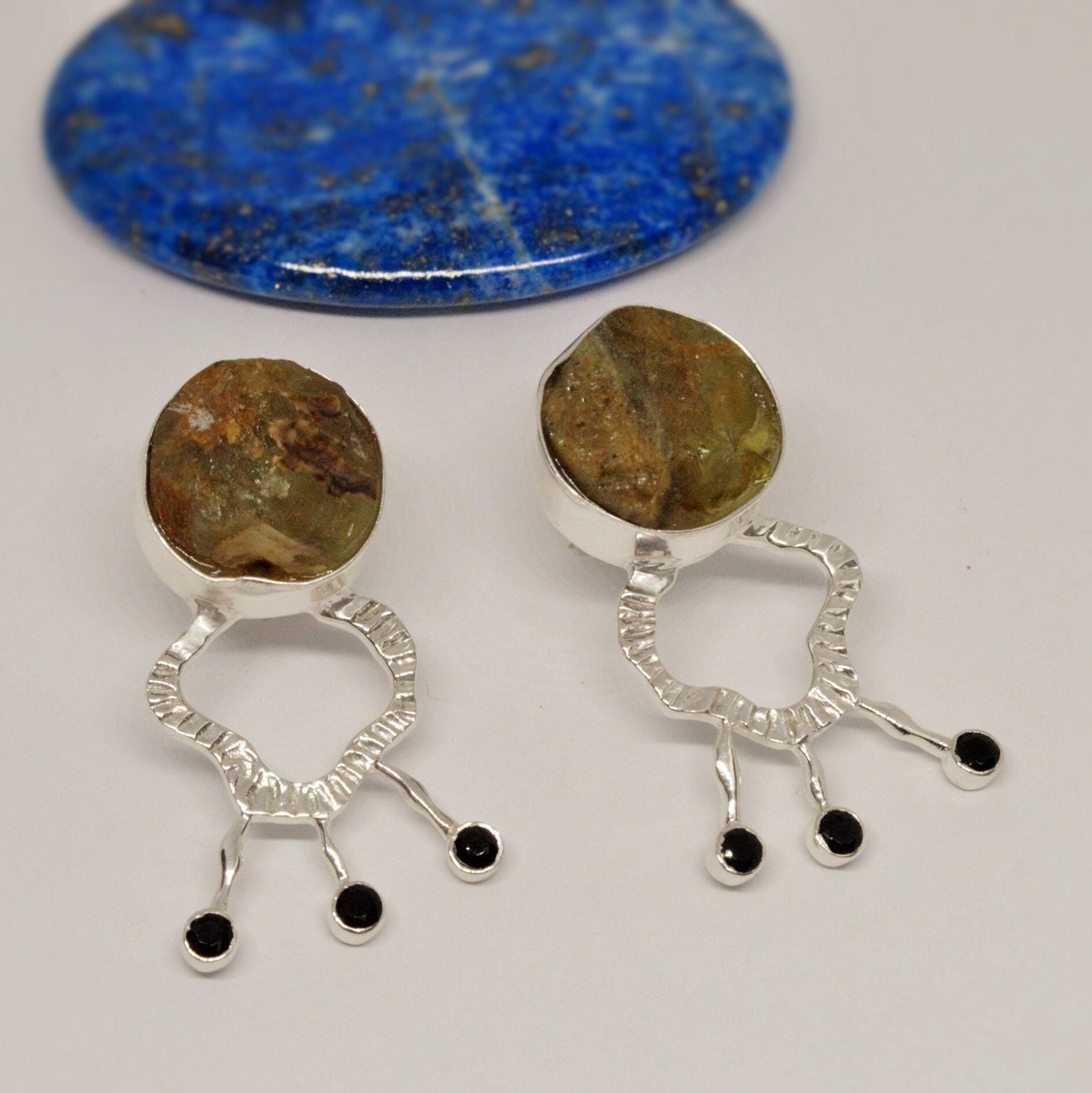 Raw Peridot, Black Onyx Silver Earrings, August Birthstone, Sterling Silver, Peridot Jewelry, Unique Statement Earrings, Gift For Her