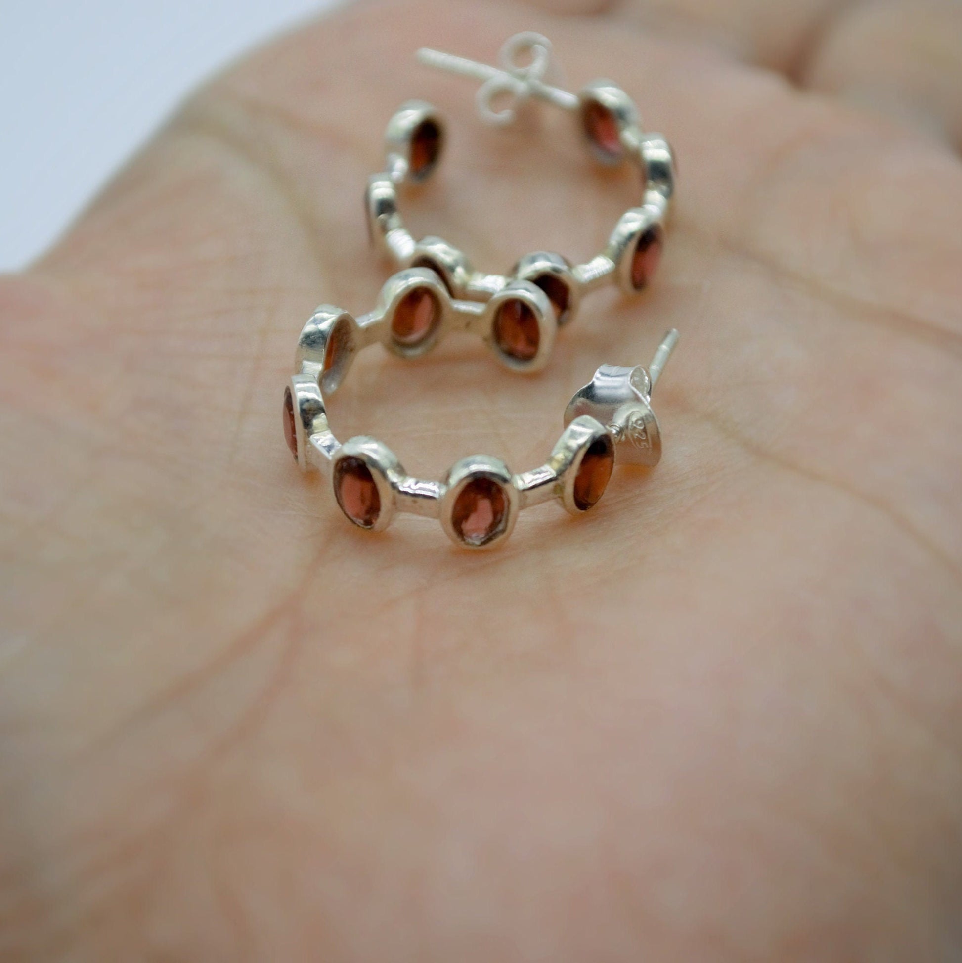 Garnet Sterling Silver Hoop Earrings, Garnet Jewelry, January Birthstone Earrings, Minimalist Red Earrings, Unique Birthday Gifts For Her