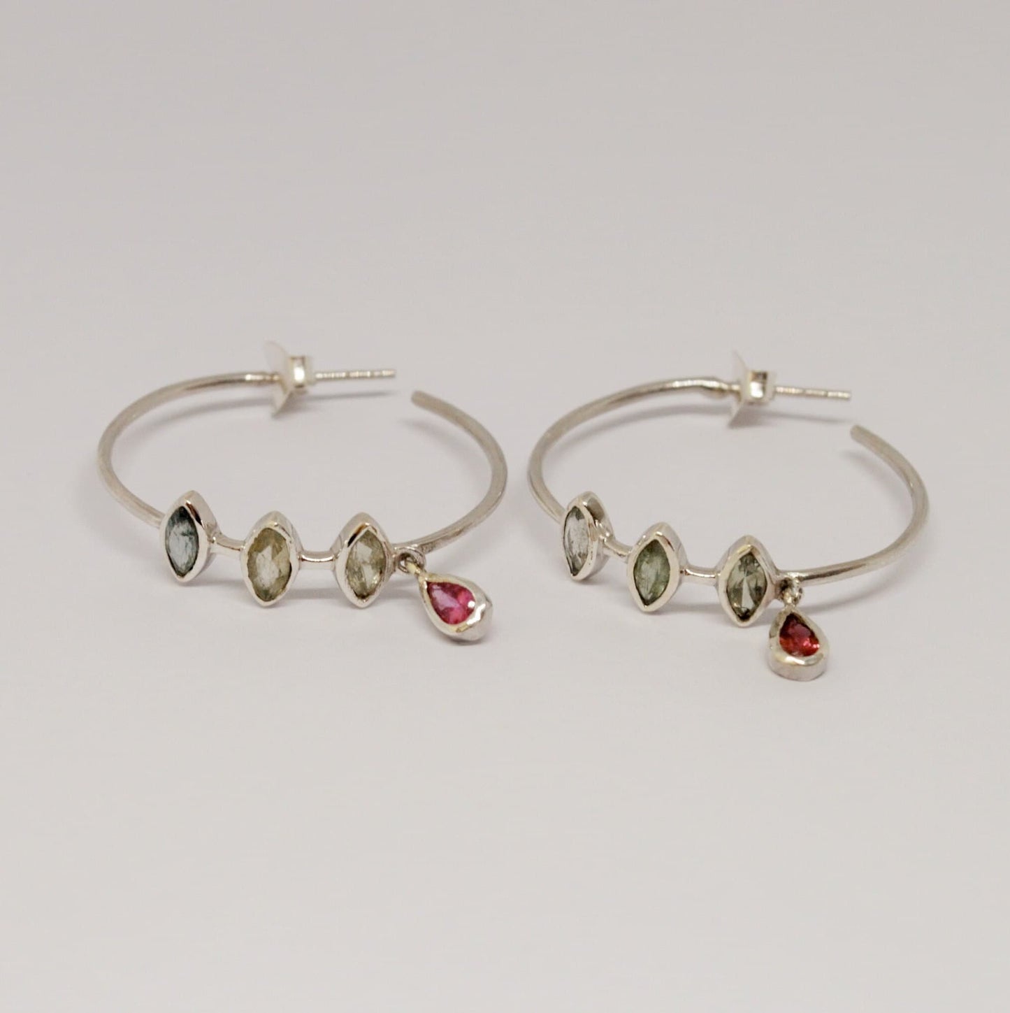 Pink, Green Tourmaline Hoop Earrings: Silver, Huggies, October Birthstone