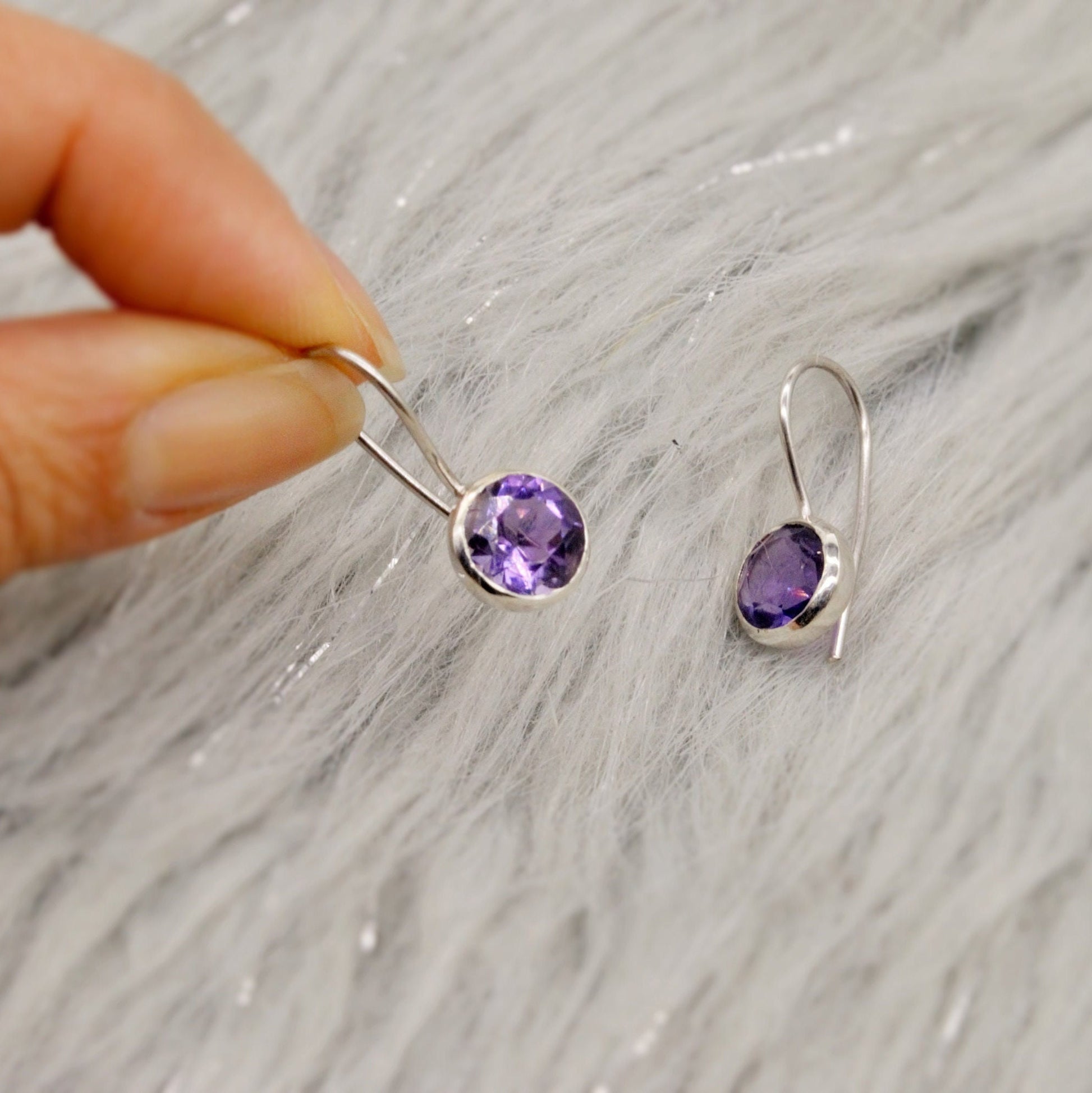 Purple Amethyst Sterling Silver Earrings, February Birthstone, Dainty Statement Unique Gemstone Dangle Drop Earrings, Gifts For Her