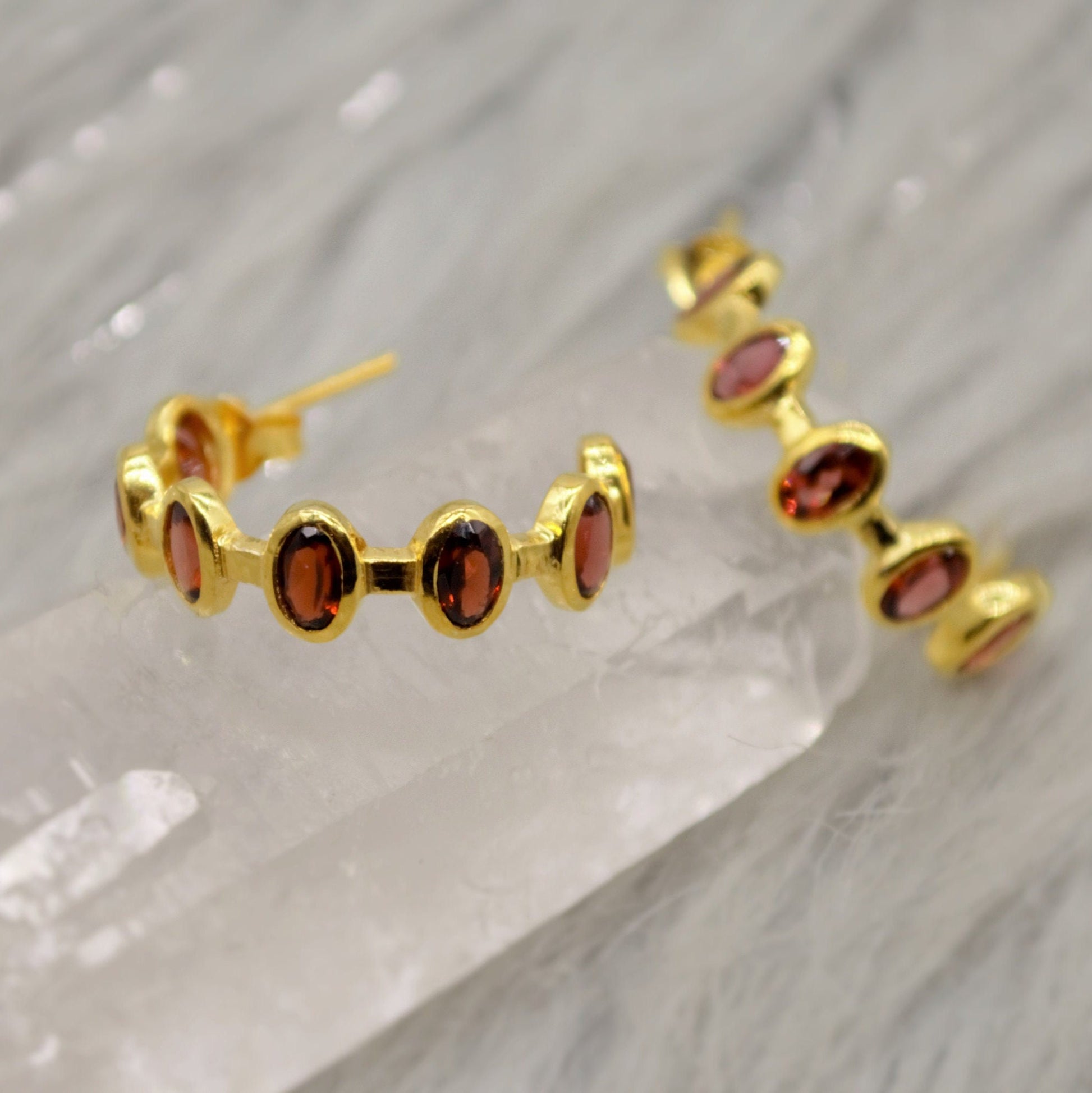 Red Garnet Gold Hoop Earrings, Sterling Silver January Birthstone Earrings, Minimalist Red Huggies Earrings, Unique Birthday Gifts For Her