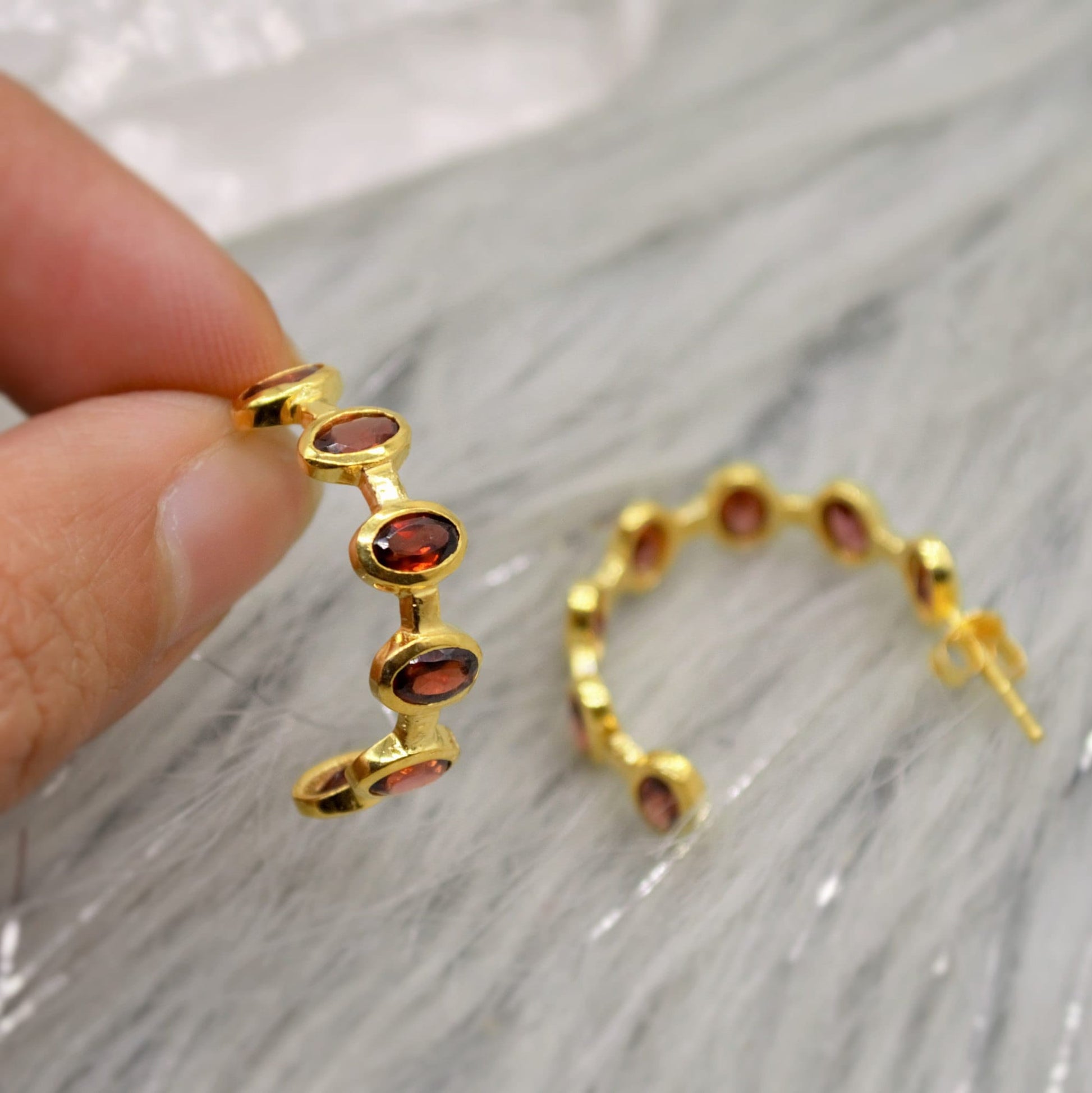 Red Garnet Gold Hoop Earrings, Sterling Silver January Birthstone Earrings, Minimalist Red Huggies Earrings, Unique Birthday Gifts For Her