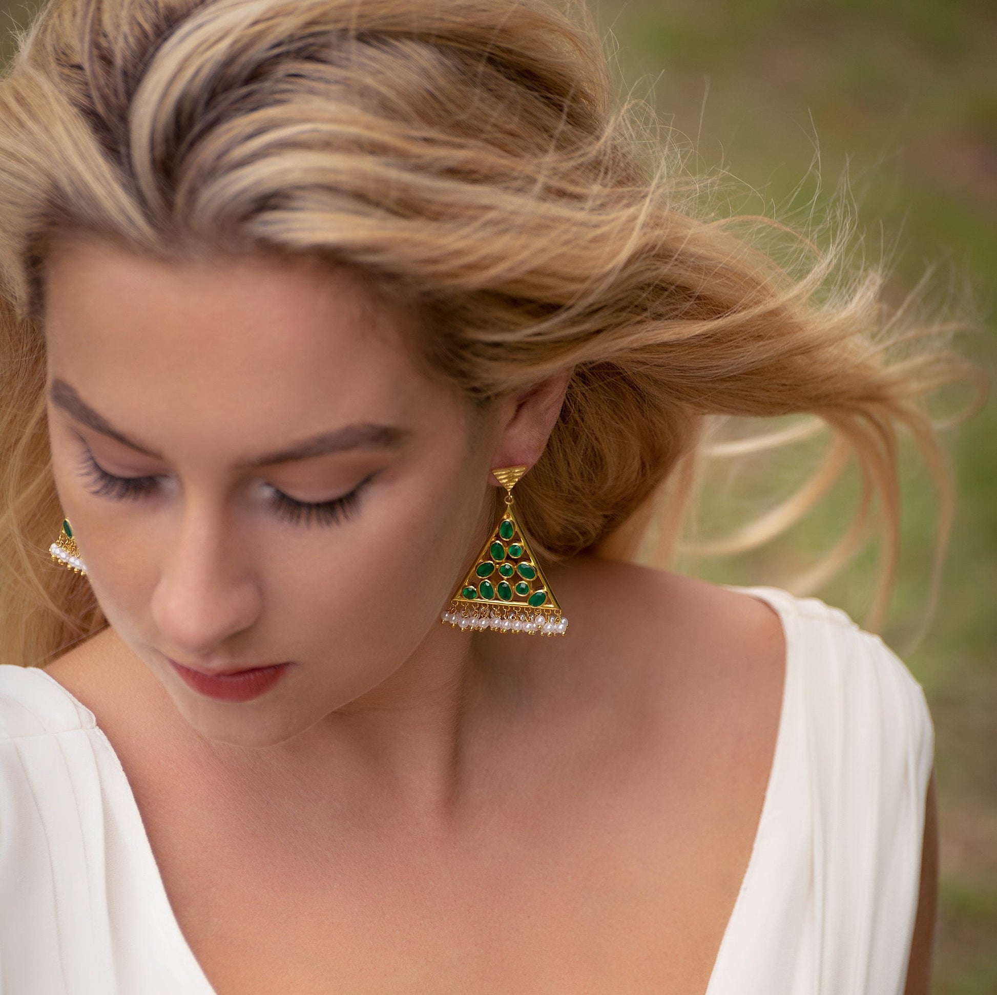 Green Onyx Pearl Gold Earrings, Unique Dangle Jhumka Earrings, June Birthstone, Statement Gemstone Drop Earrings, Gifts For Her