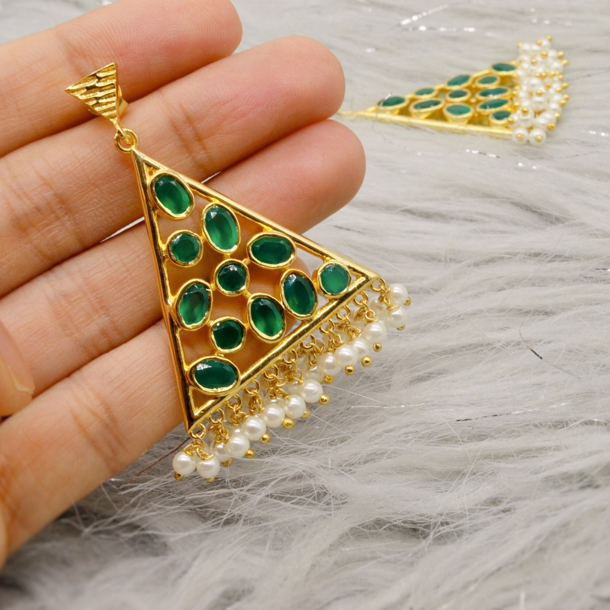 Green Onyx Pearl Gold Earrings, Unique Dangle Jhumka Earrings, June Birthstone, Statement Gemstone Drop Earrings, Gifts For Her
