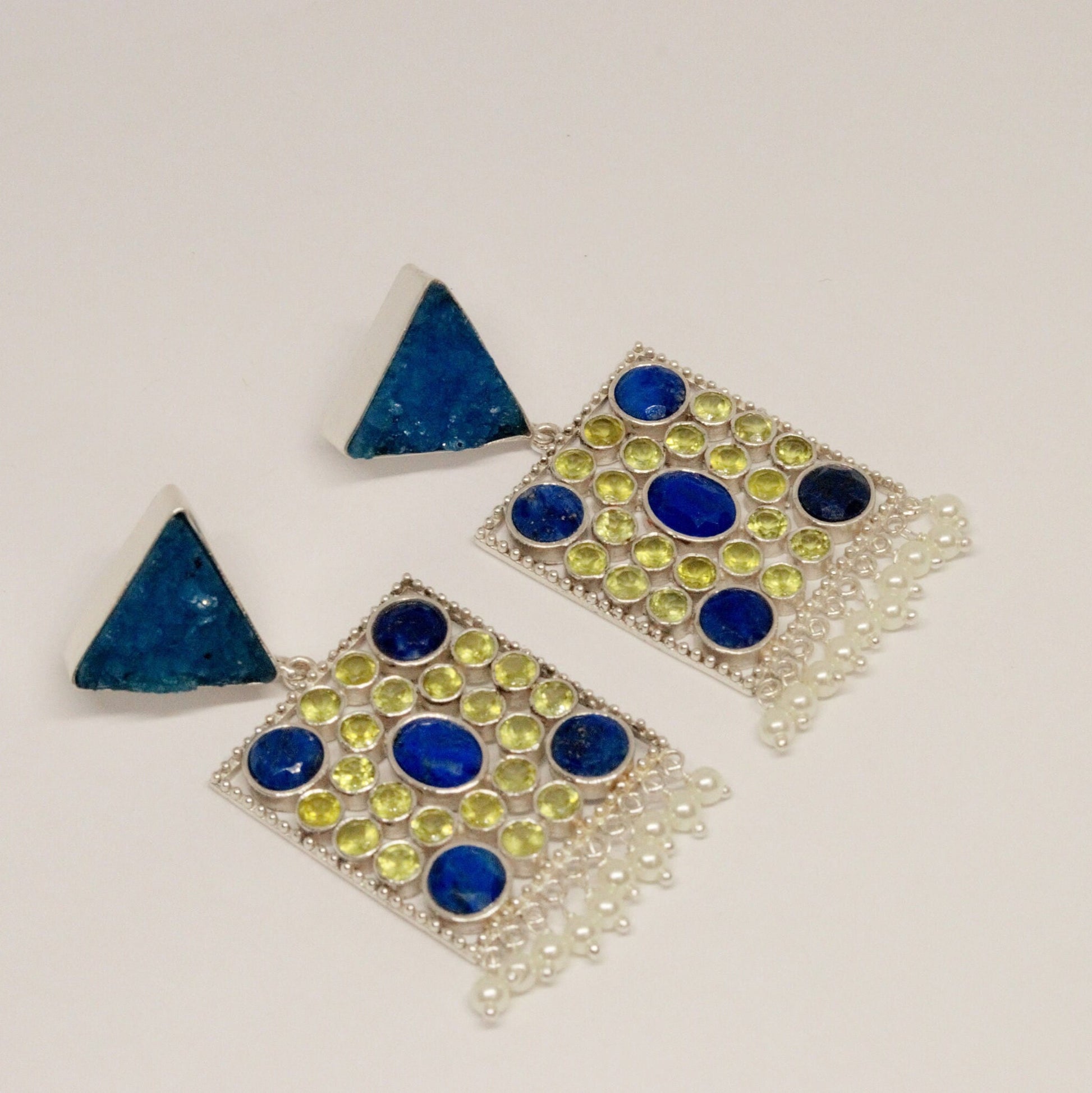 Blue Agate, Lapis, Peridot Silver Earrings, Lapis Lazuli Earrings, August, December Birthstone, Unique Statement Earrings, Gift For Her