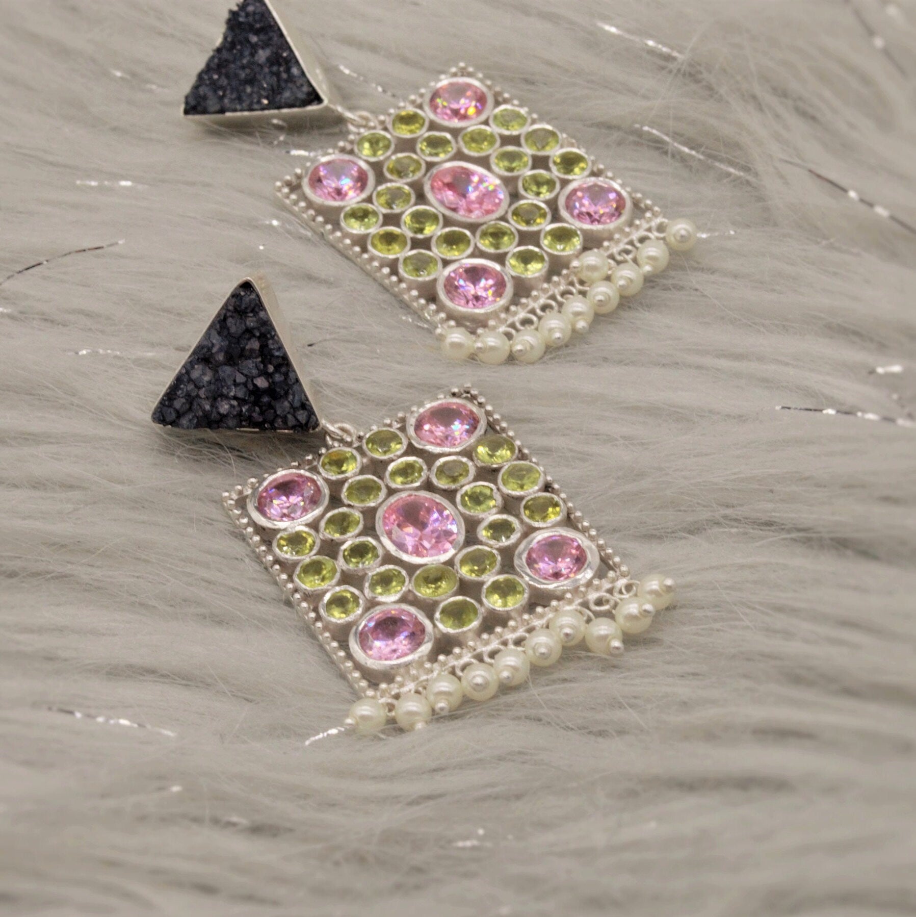 Black Agate, Pink CZ, Peridot Earrings, August Birthstone Jewelry, Druzy Agate, Cubic Zirconia, Sterling Silver Dangle, Perdiot Jewelry