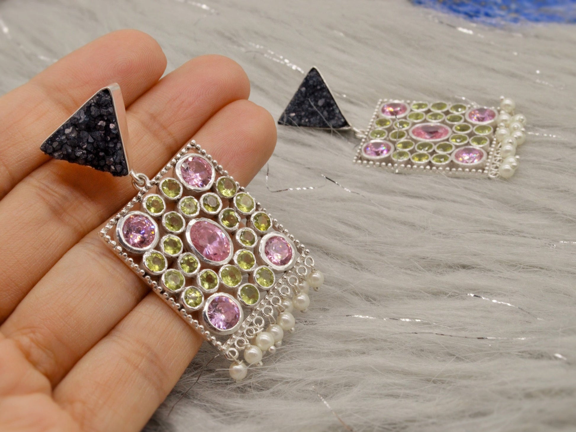 Black Agate, Pink CZ, Peridot Earrings, August Birthstone Jewelry, Druzy Agate, Cubic Zirconia, Sterling Silver Dangle, Perdiot Jewelry