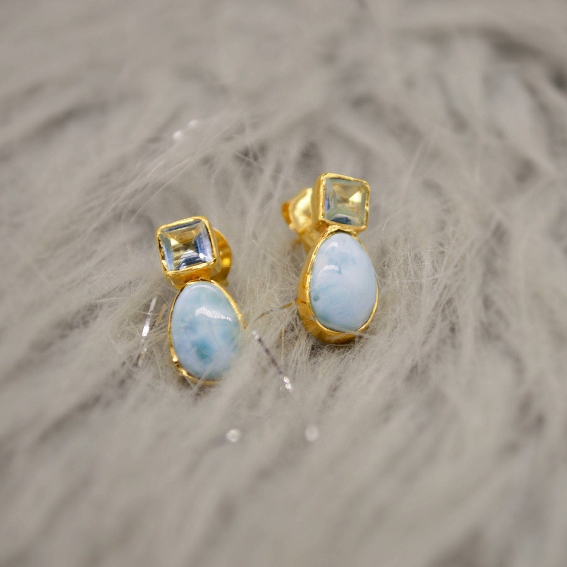 Larimar Blue Topaz Gold Stud Earrings, Larimar Stone, Larimar Gemstone, Blue Topaz Studs, Larimar Earrings, December Birthstone