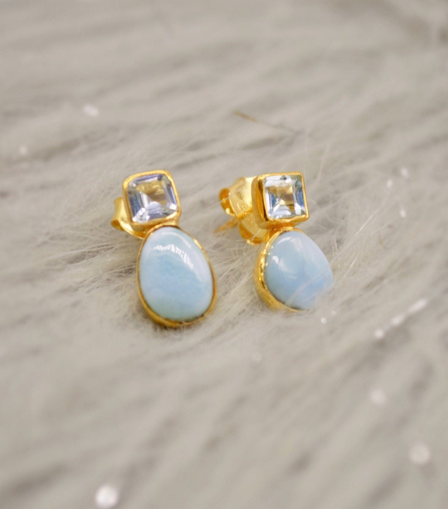 Larimar Blue Topaz Gold Stud Earrings, Larimar Stone, Larimar Gemstone, Blue Topaz Studs, Larimar Earrings, December Birthstone