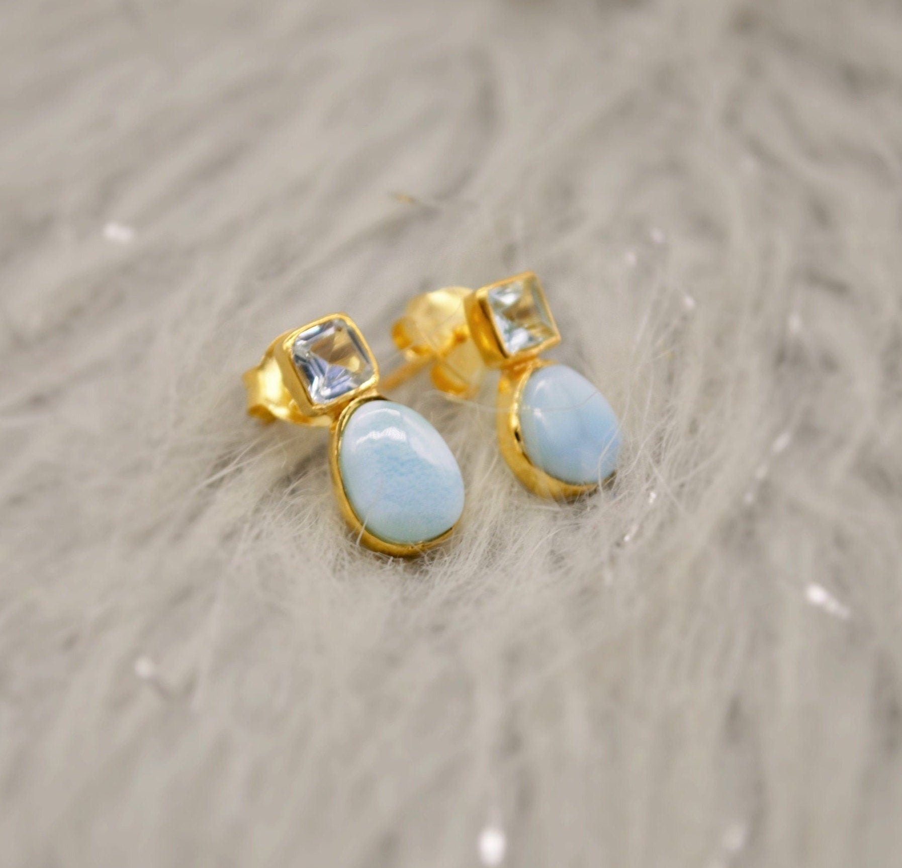 Larimar Blue Topaz Gold Stud Earrings, Larimar Stone, Larimar Gemstone, Blue Topaz Studs, Larimar Earrings, December Birthstone