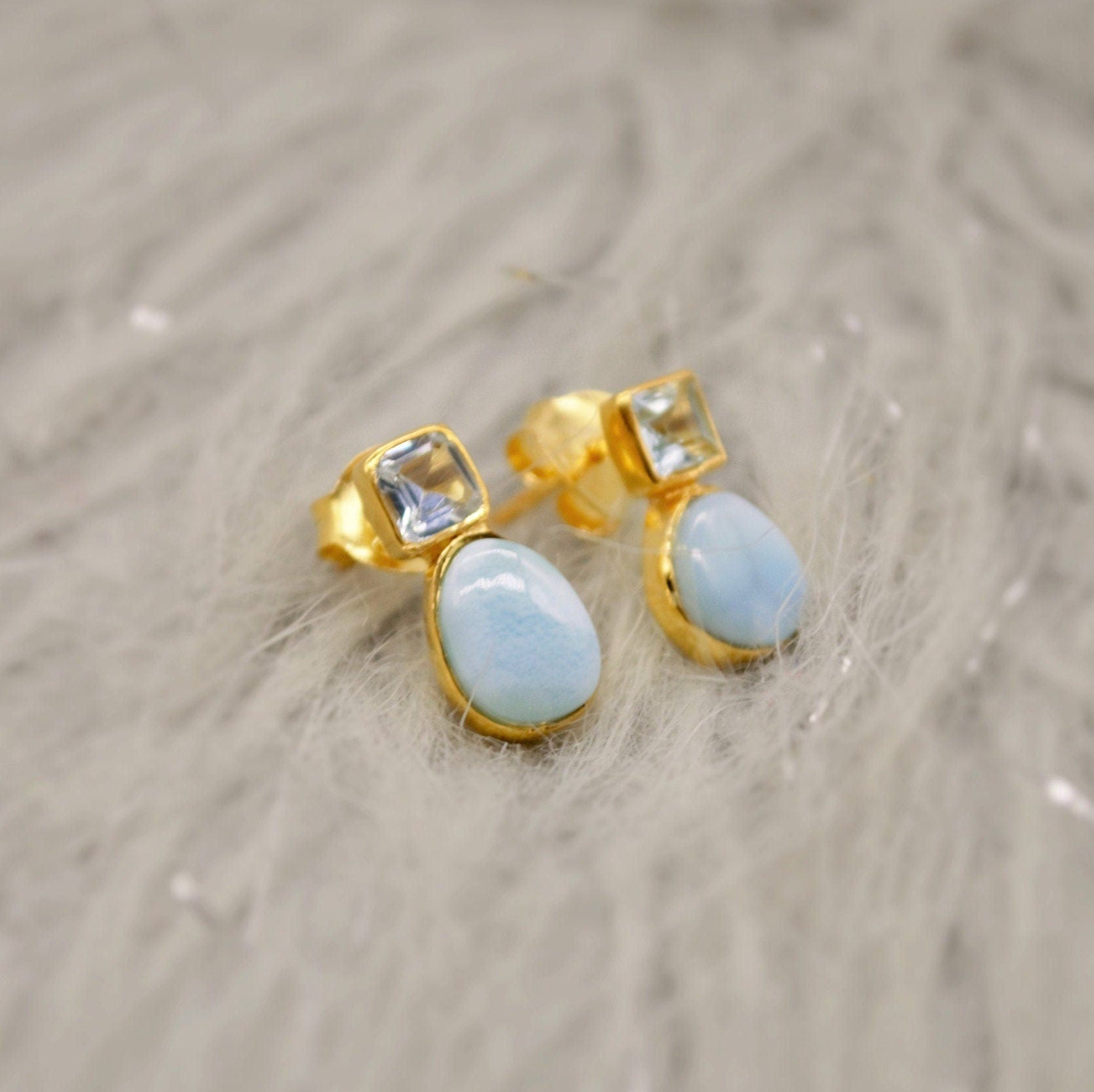 Larimar Blue Topaz Gold Stud Earrings, Larimar Stone, Larimar Gemstone, Blue Topaz Studs, Larimar Earrings, December Birthstone