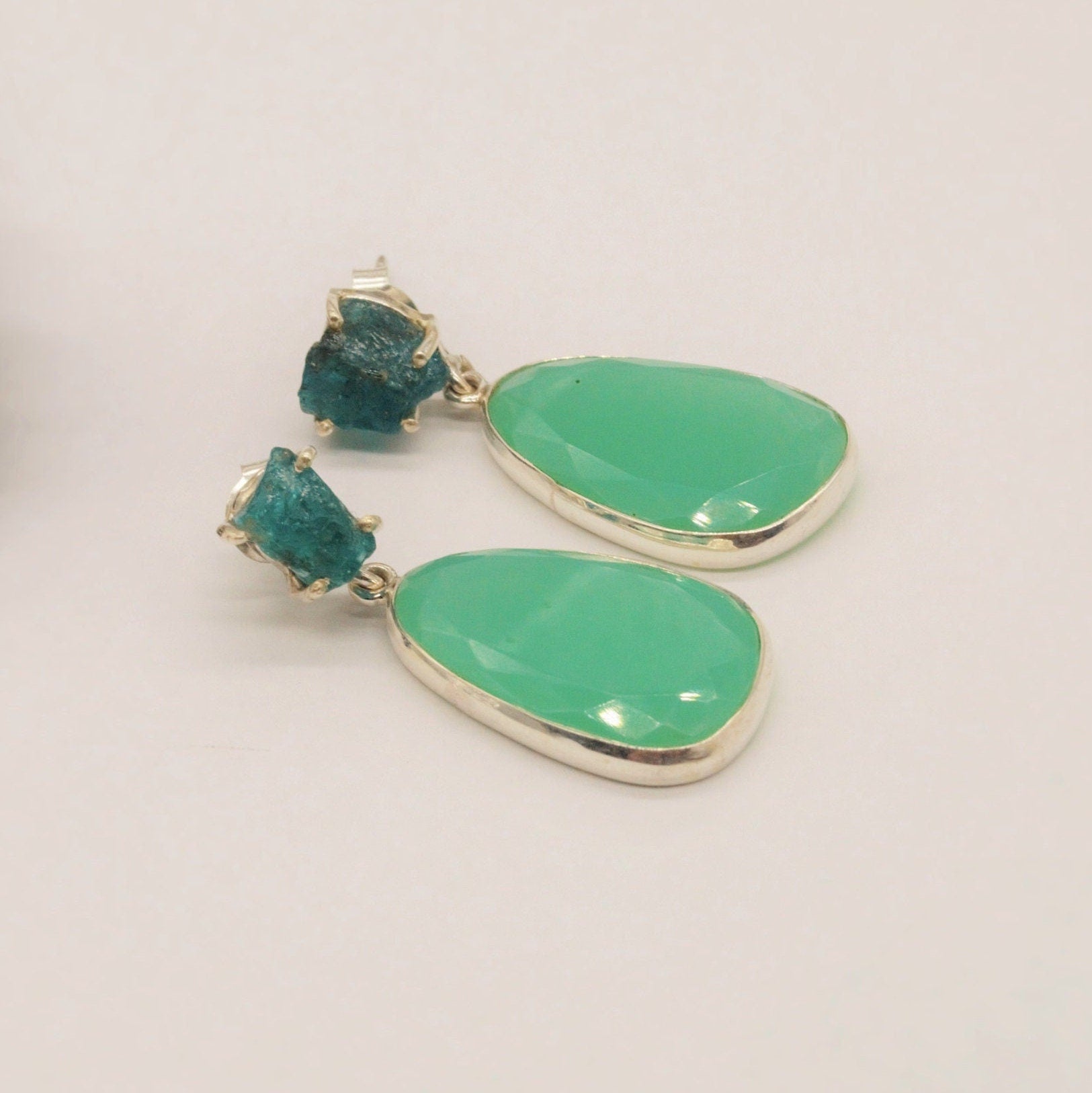 Chalcedony, Blue Apatite Earrings, Sterling Silver, Chalcedony Jewelry, Green Earrings, Gifts For Her, Gemstone Dangle Drop Earrings