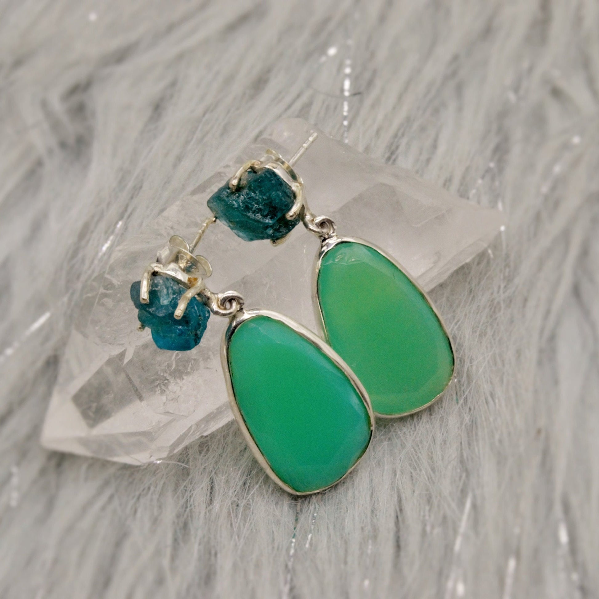 Chalcedony, Blue Apatite Earrings, Sterling Silver, Chalcedony Jewelry, Green Earrings, Gifts For Her, Gemstone Dangle Drop Earrings
