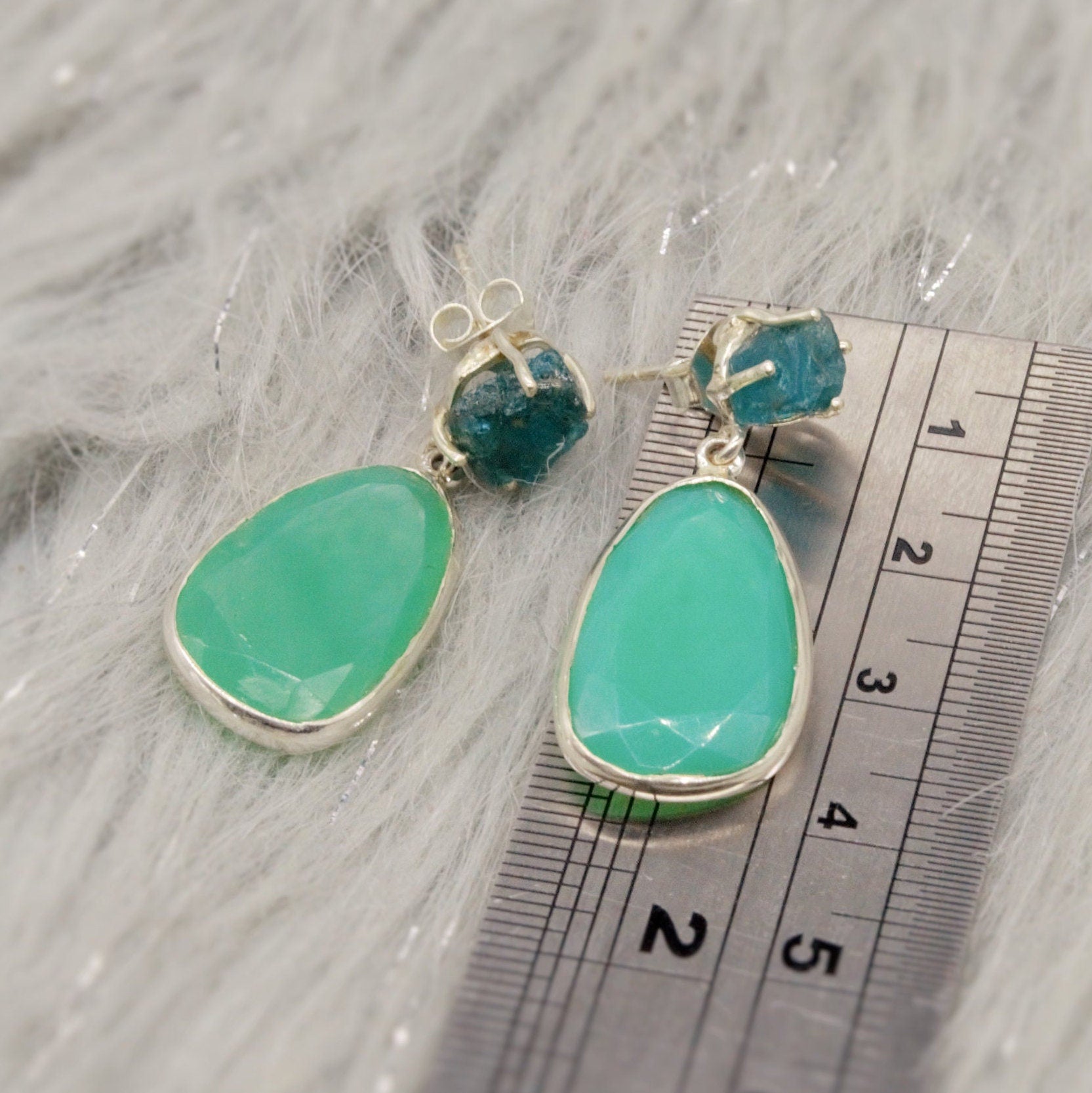 Chalcedony, Blue Apatite Earrings, Sterling Silver, Chalcedony Jewelry, Green Earrings, Gifts For Her, Gemstone Dangle Drop Earrings