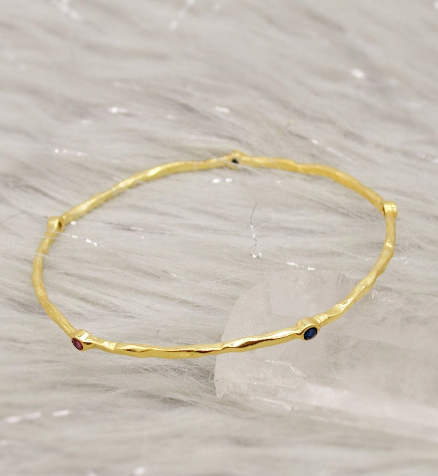 Ruby, Emerald, Sapphire, Gold Bangle Bracelet, Gold Plated Sterling Silver, Dainty Gemstone Bracelet For Women, Birthday Gift For Her