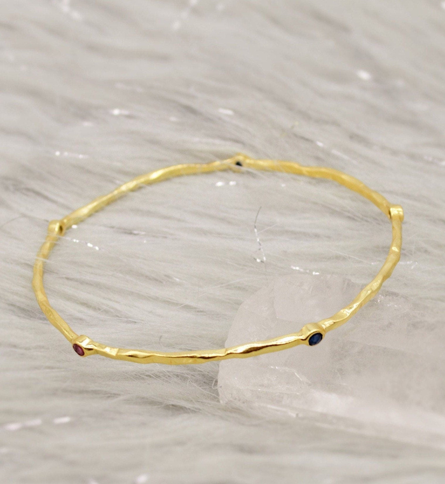 Ruby, Emerald, Sapphire, Gold Bangle Bracelet, Gold Plated Sterling Silver, Dainty Gemstone Bracelet For Women, Birthday Gift For Her