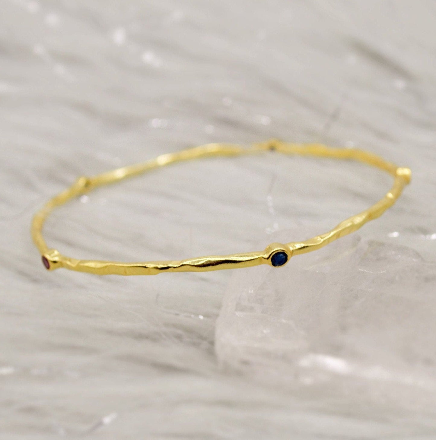 Ruby, Emerald, Sapphire, Gold Bangle Bracelet, Gold Plated Sterling Silver, Dainty Gemstone Bracelet For Women, Birthday Gift For Her