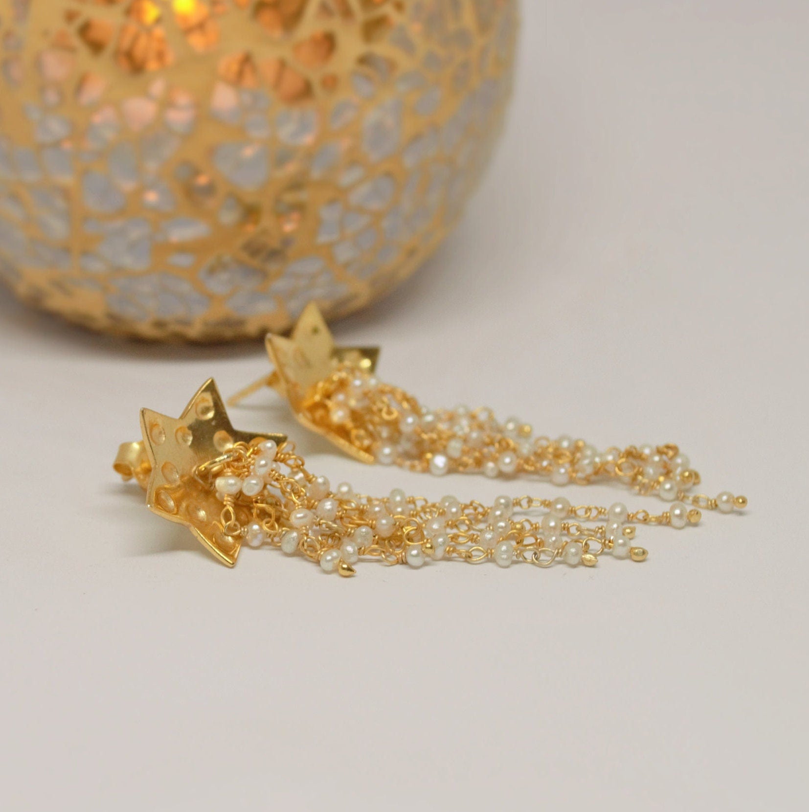 Pearl Earrings, Gold Chandelier Earrings, Minimalist Jhumka Drop Earrings, June Birthstone Earrings, Ethnic Indian Gemstone Earrings