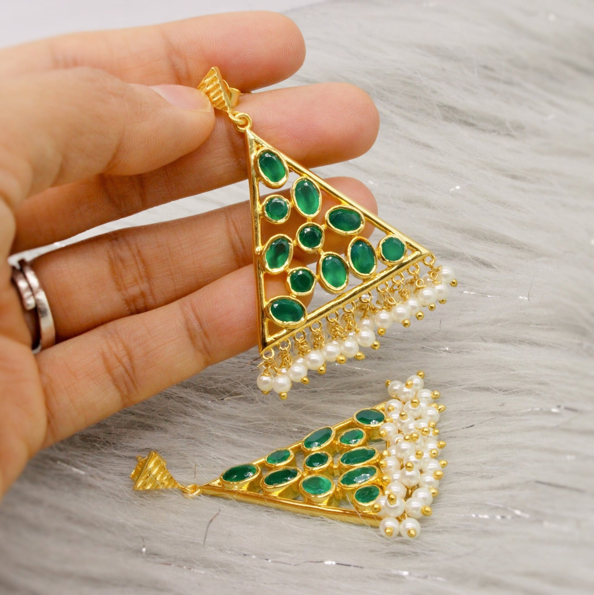 Green Onyx Pearl Gold Earrings, Unique Dangle Jhumka Earrings, June Birthstone, Statement Gemstone Drop Earrings, Gifts For Her